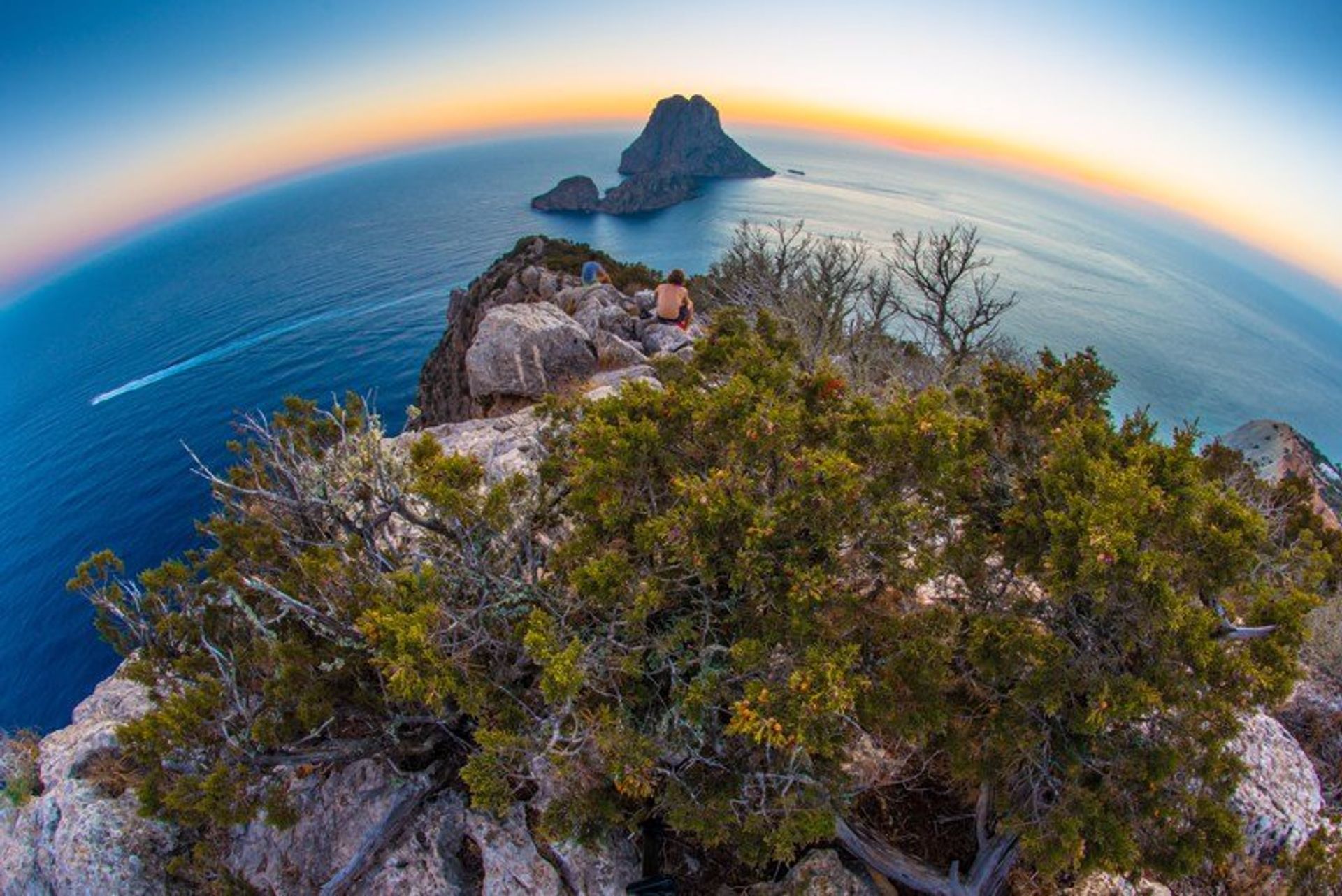 Panoramic views of the southwestern Ibiza coastline with Es Vedra in the background