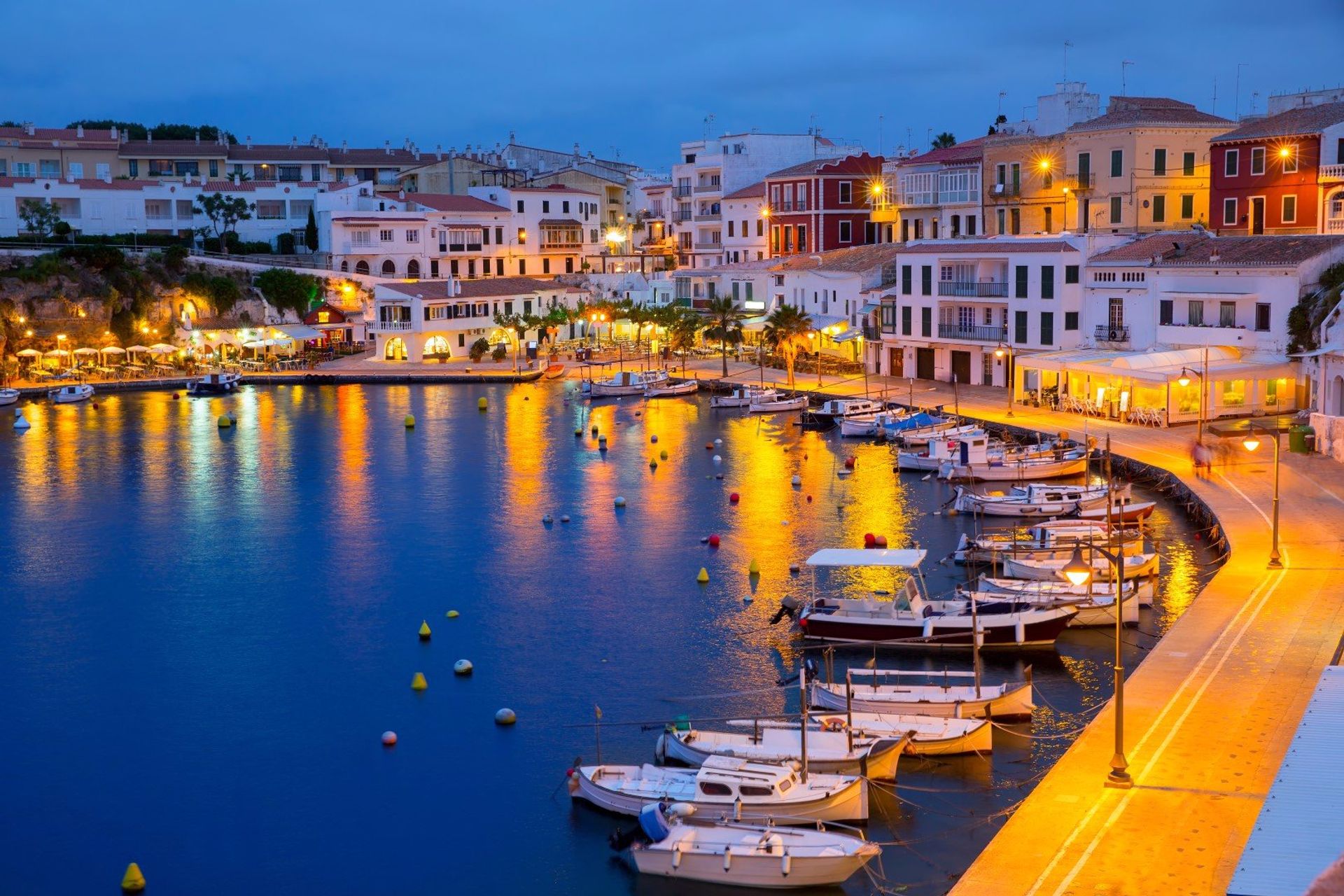 Sunset at the port of Cales Fonts in Es Castells near Mao-Mahon, Menorca