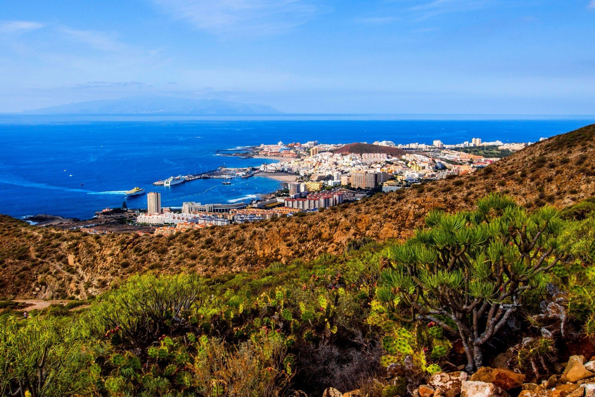 Beautiful Los Cristianos resort seen from the top of Guaza mountain 