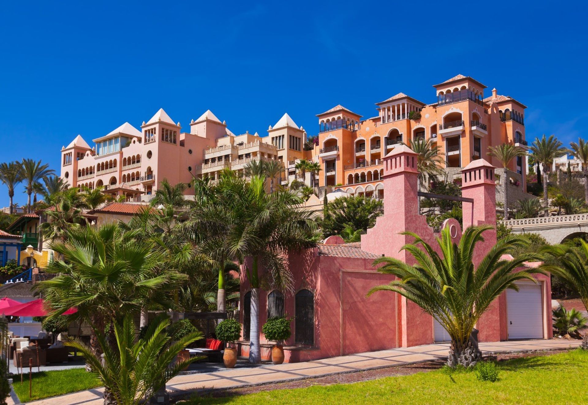 Typical red stone Canarian architecture in Playa de las Americas