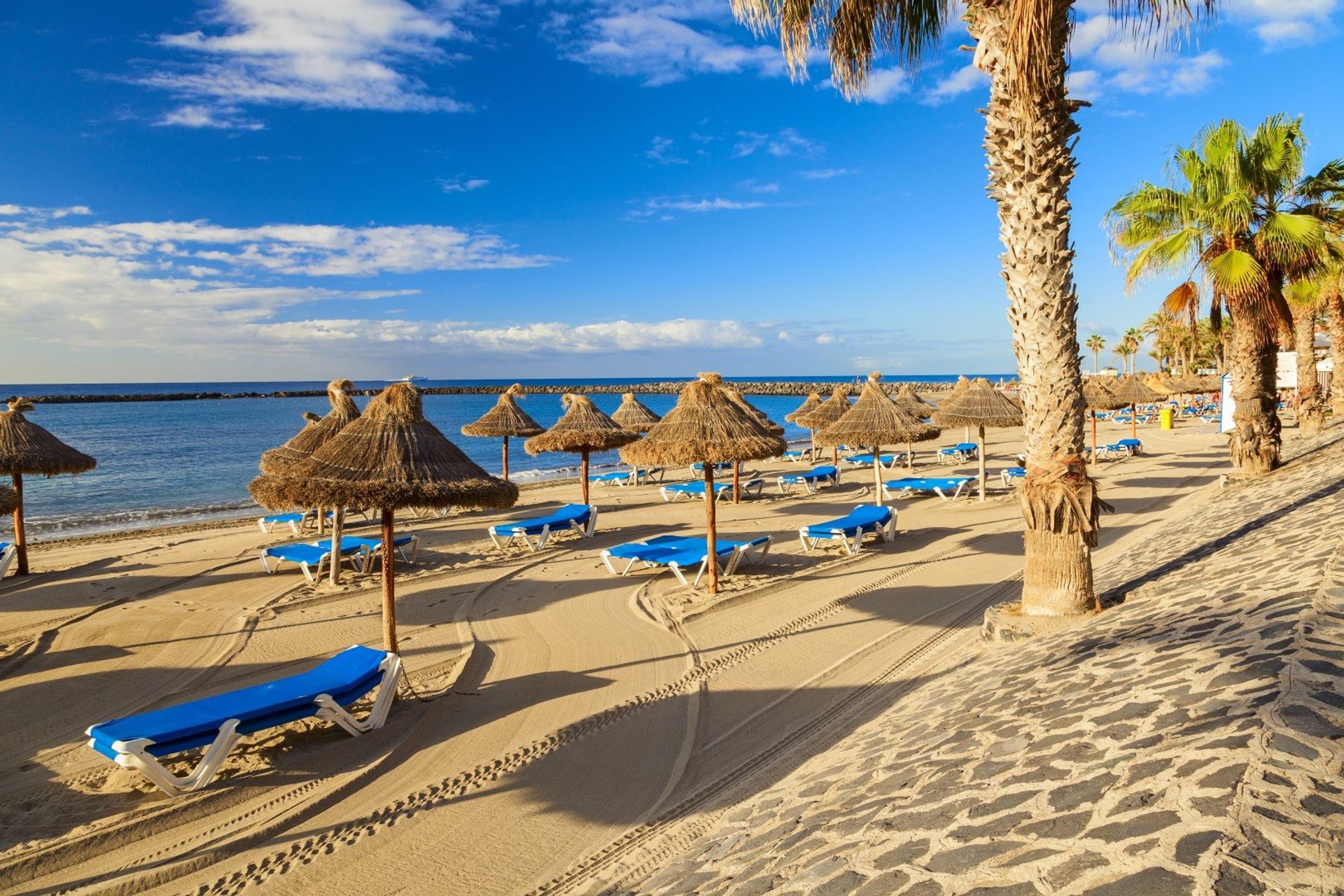 The tranquil beach of Los Cristianos on Tenerife's south coast 