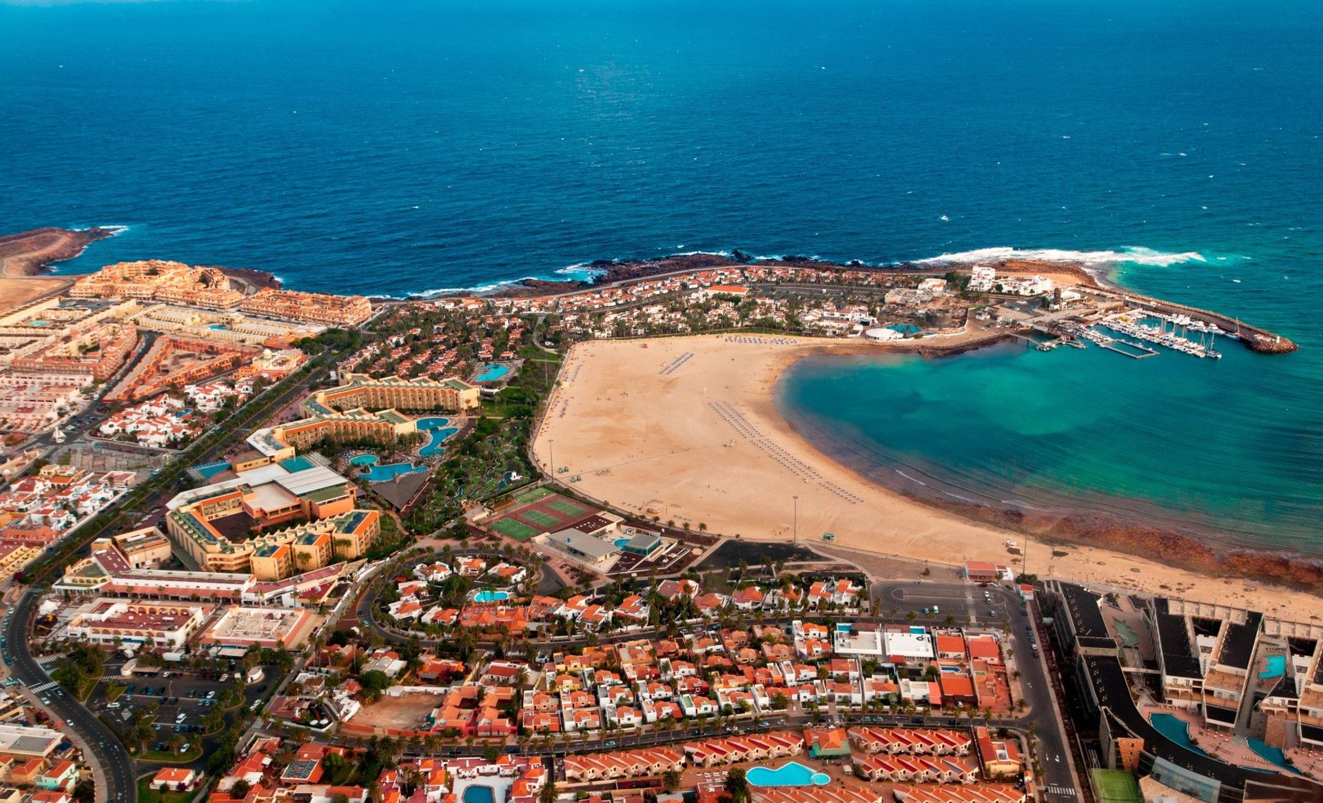 An aerial view of the stunning Caleta de Fuste resort - the crown jewel of the Antigua district