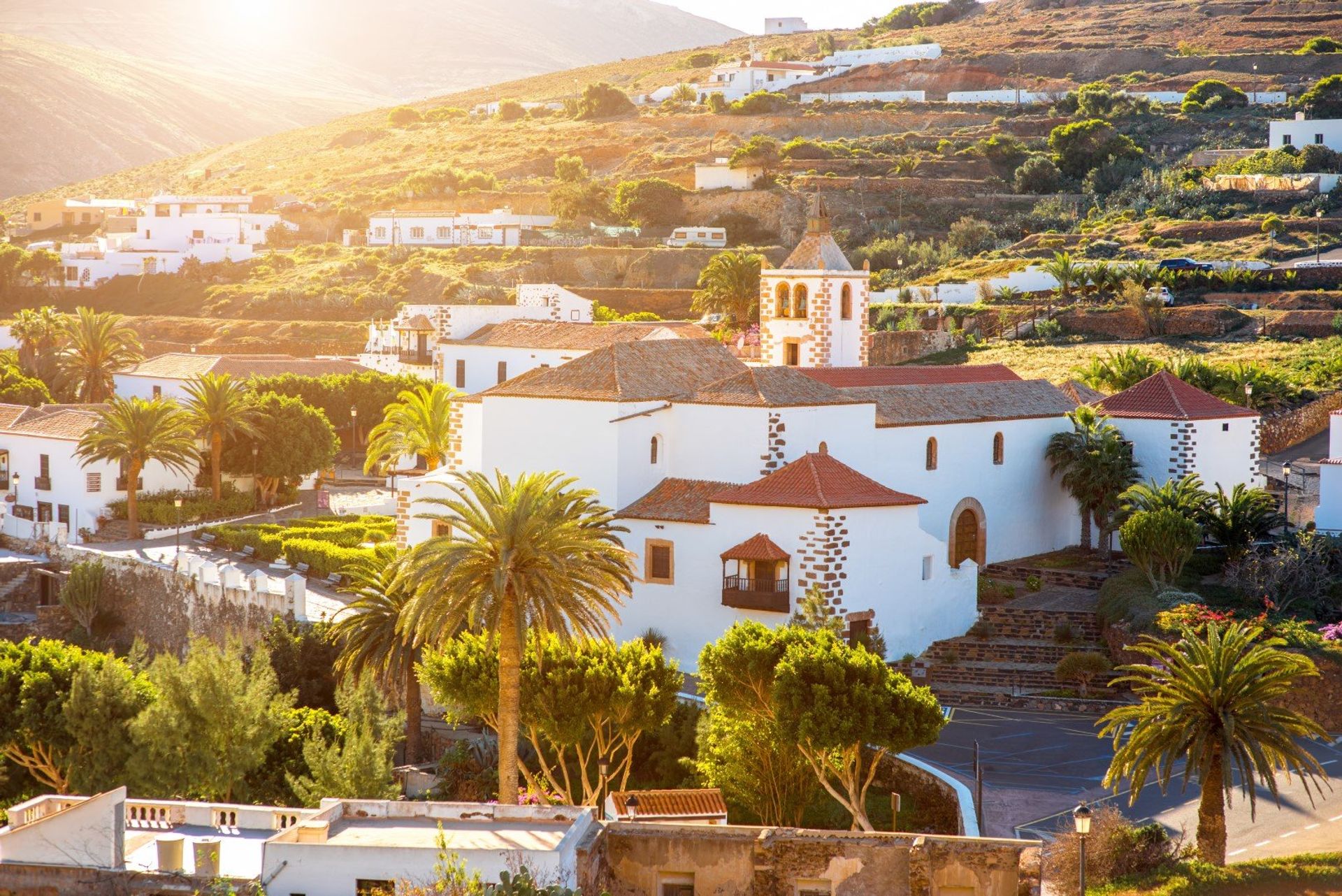 The picturesque town of Betancuria village with its church tower in the background