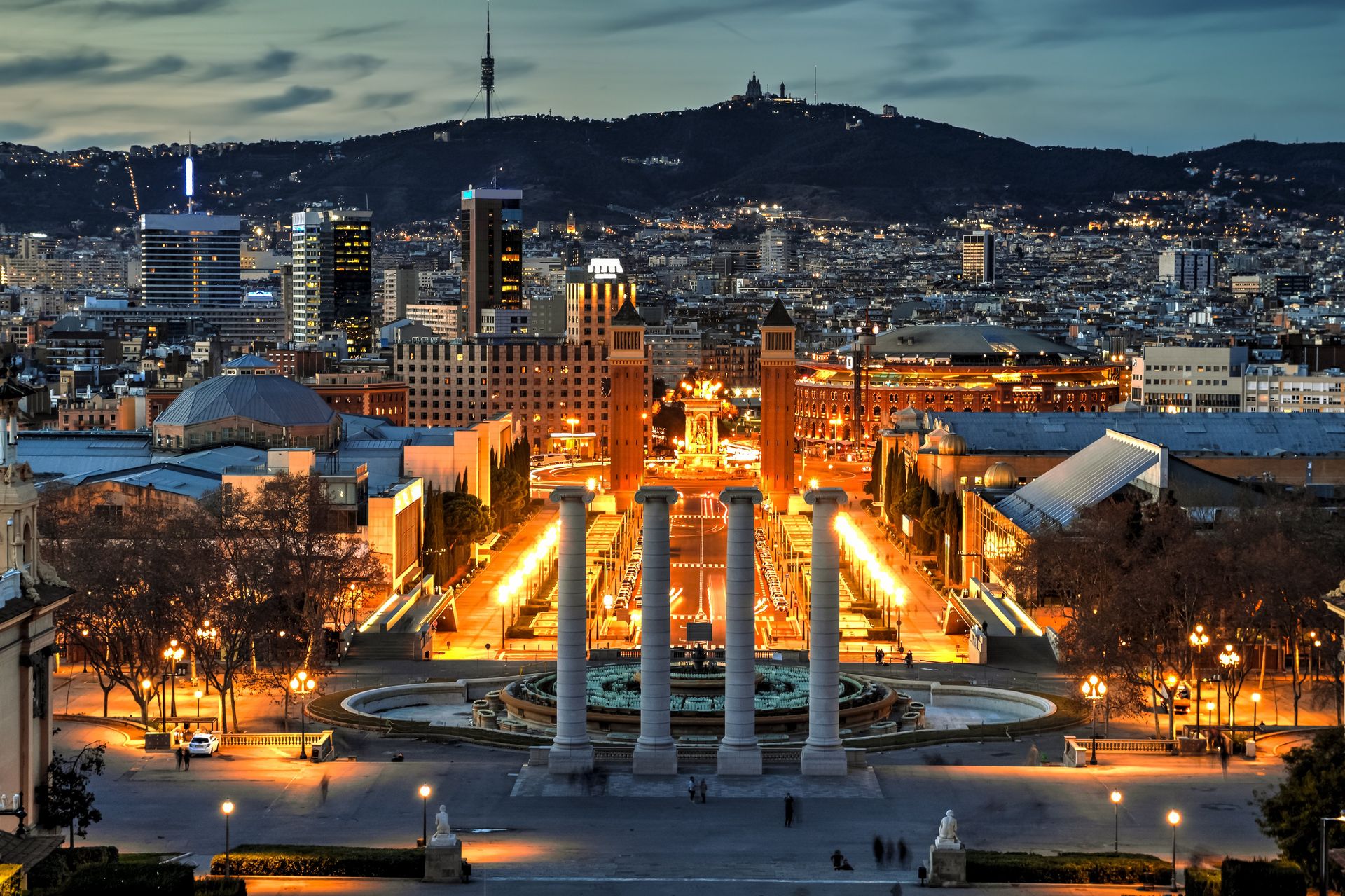 Barcelona's cityscape at night, seen from the terrace of the Catalan Art Museum