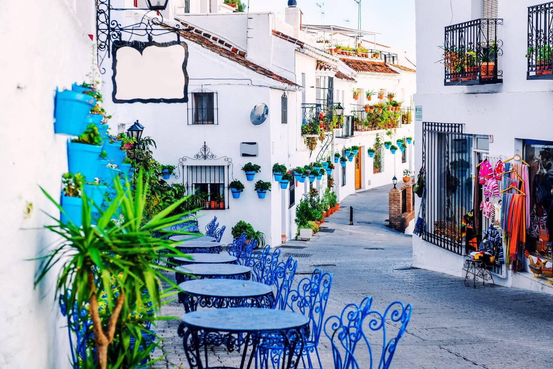 Typical narrow cobbled street in the Mijas town's centre