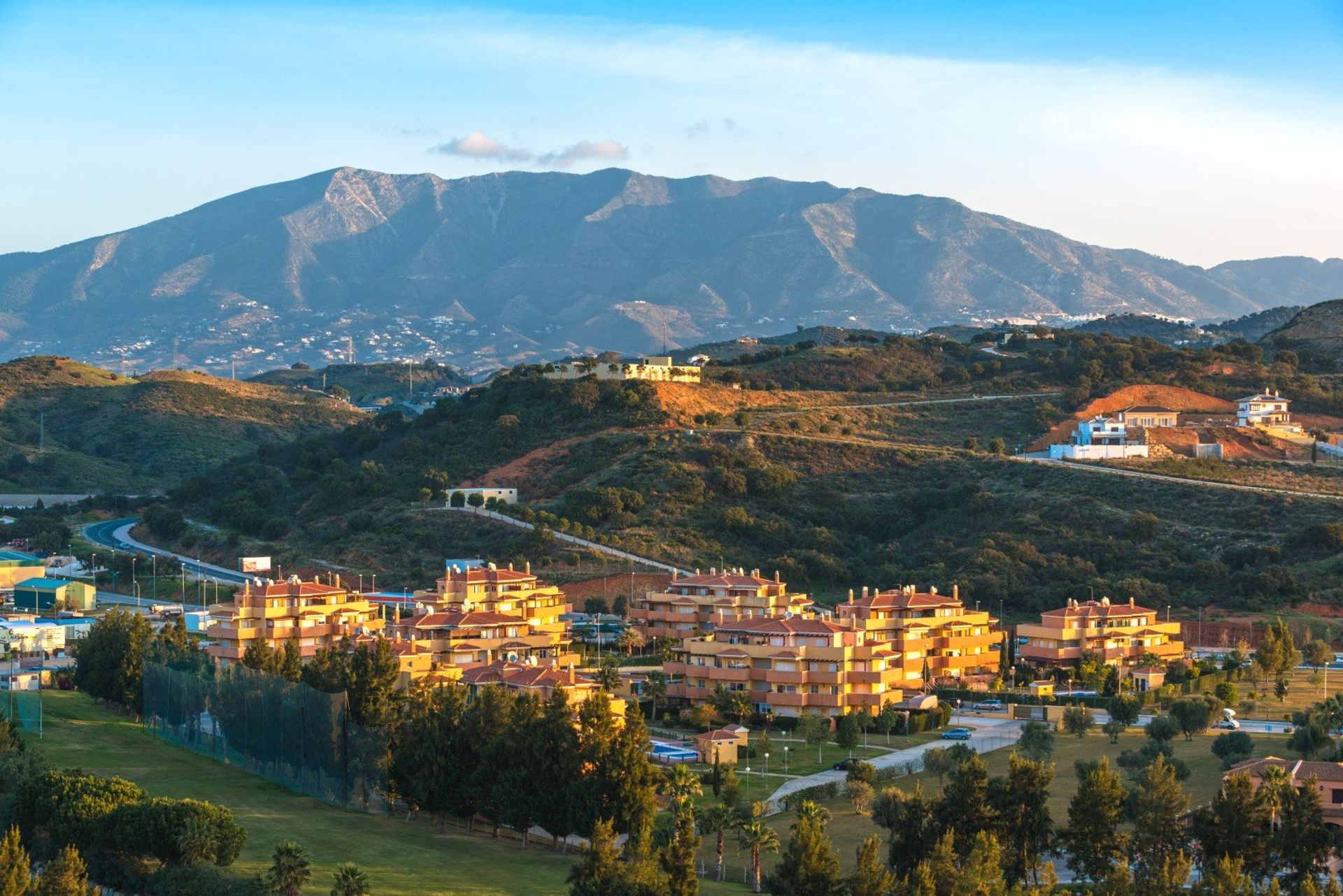 Top view of the sunrise over the resort of Mijas Bay