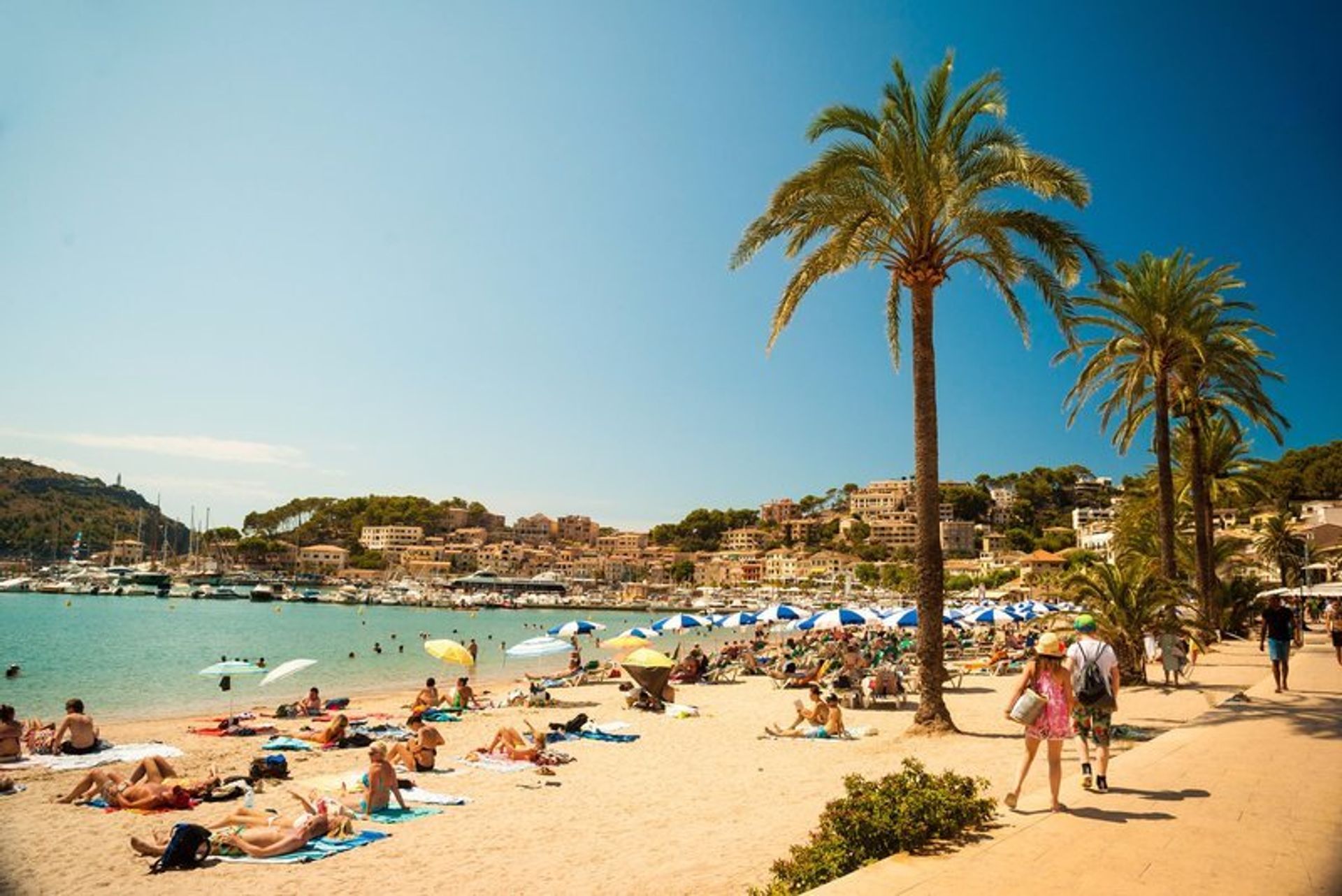 The golden sand beach of Port de Soller, northwest coast of Majorca