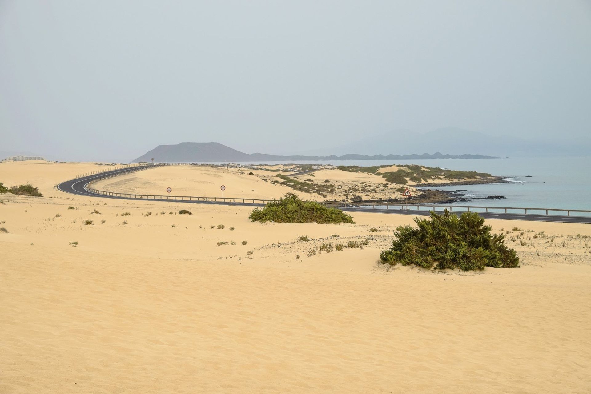 Views of Corralejo Natural Park with its sand dunes and winding road