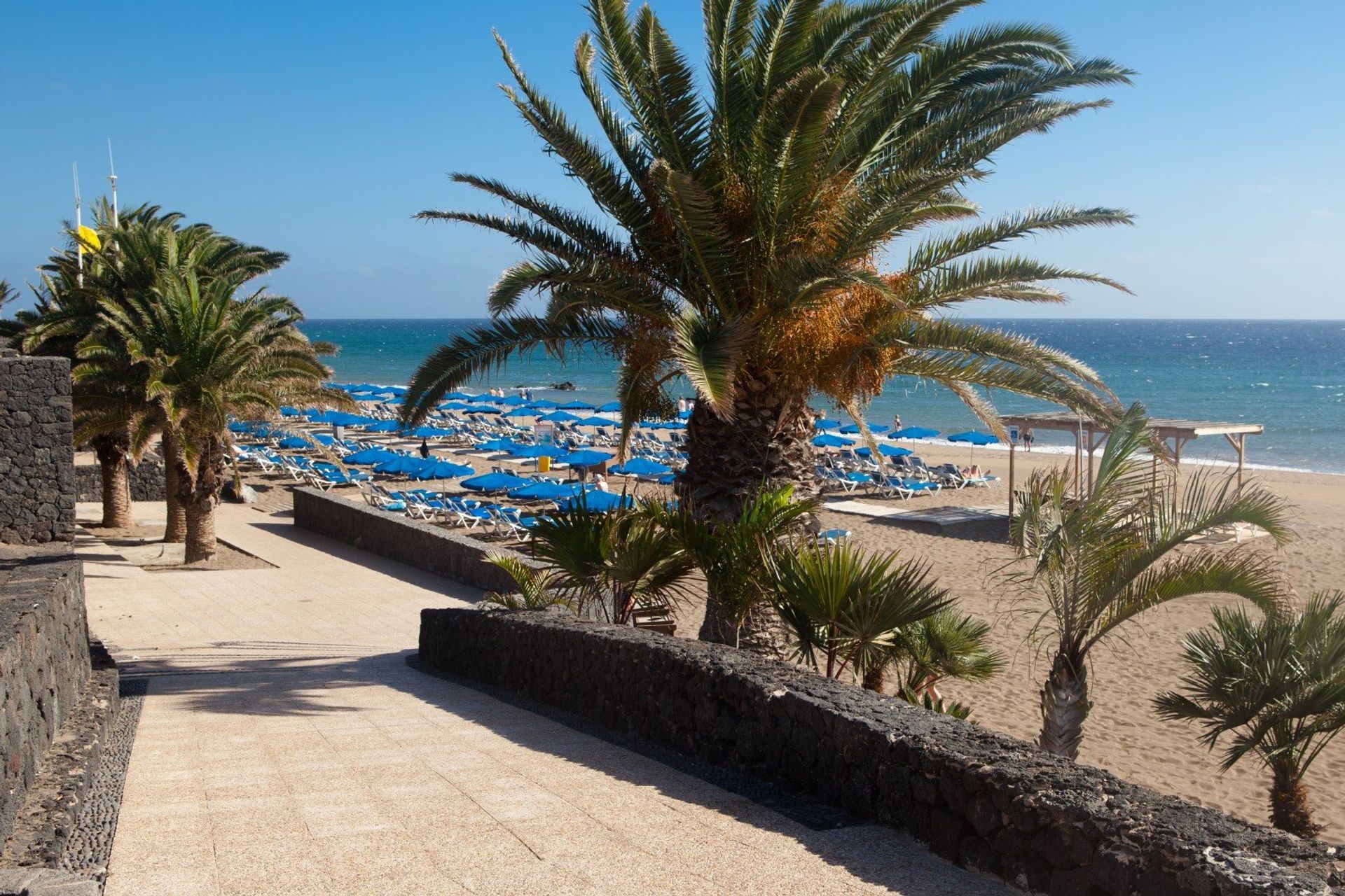 The palm-lined promenade of the famous Avenida de las Playas in the new neighbourhood of Puerto del Carmen