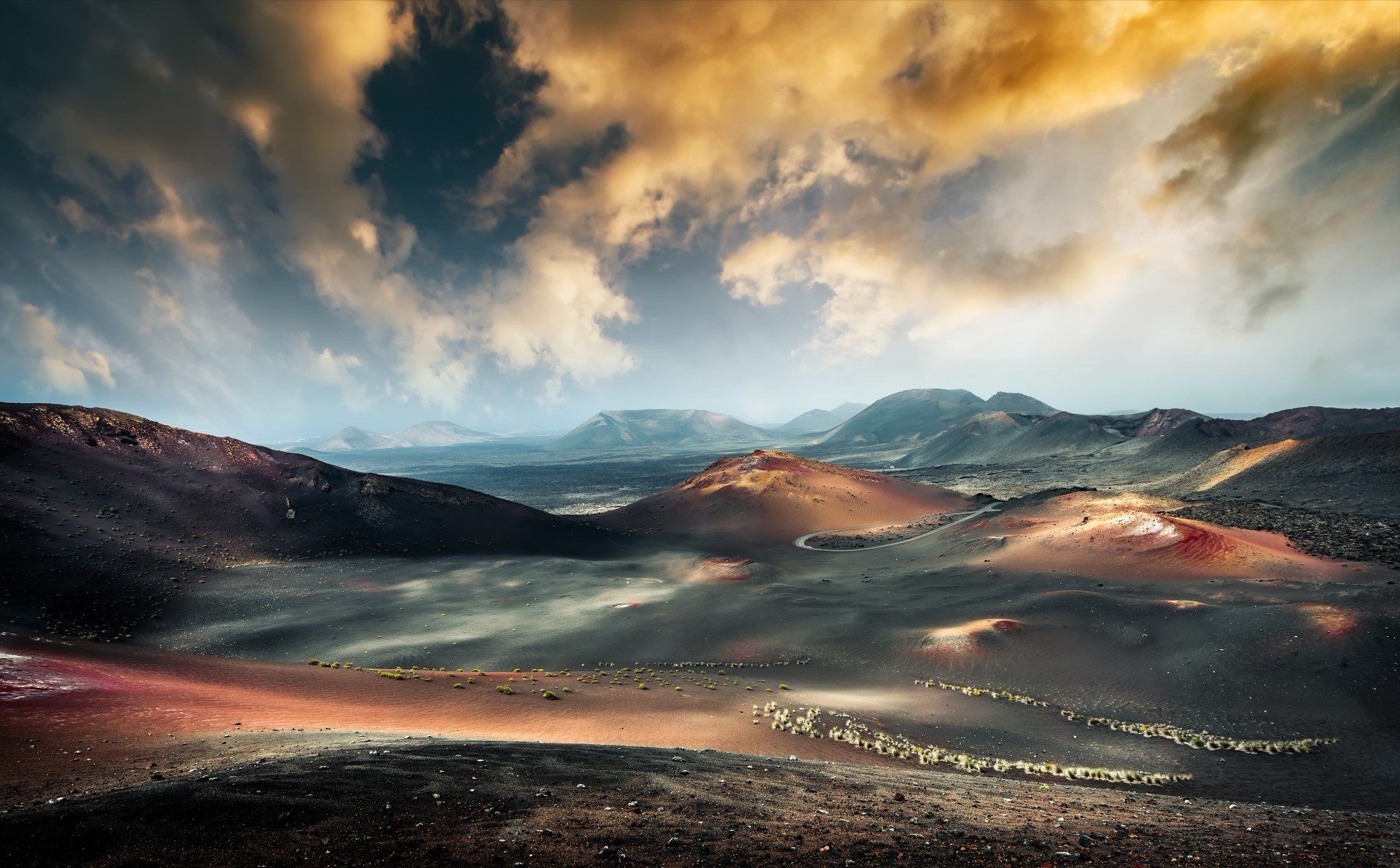 Sunset behind the volcanic landscape in Timanfaya National Park, Lanzarote