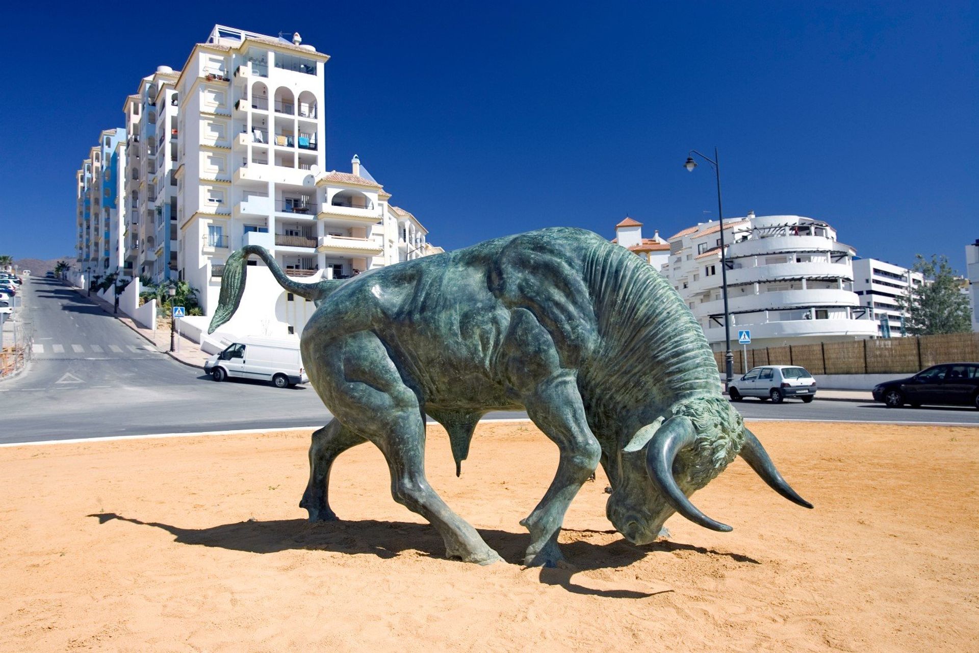 Estepona Bullring's cast iron Spanish bull statue in The Plaza de Toros