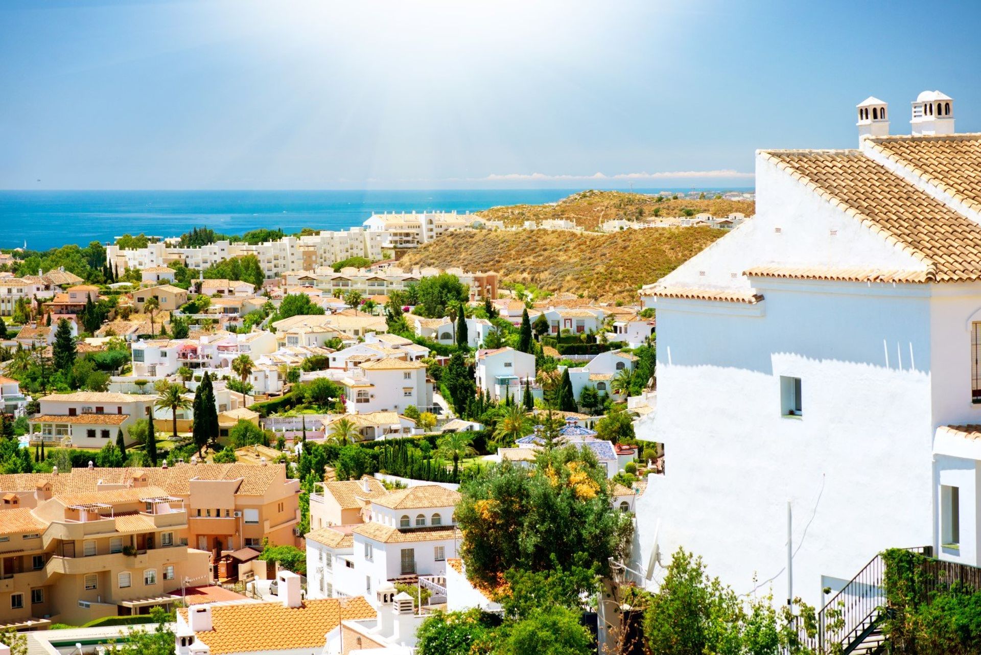 Panoramic view of the beautiful whitewashed hilltop old village of Benalmadena