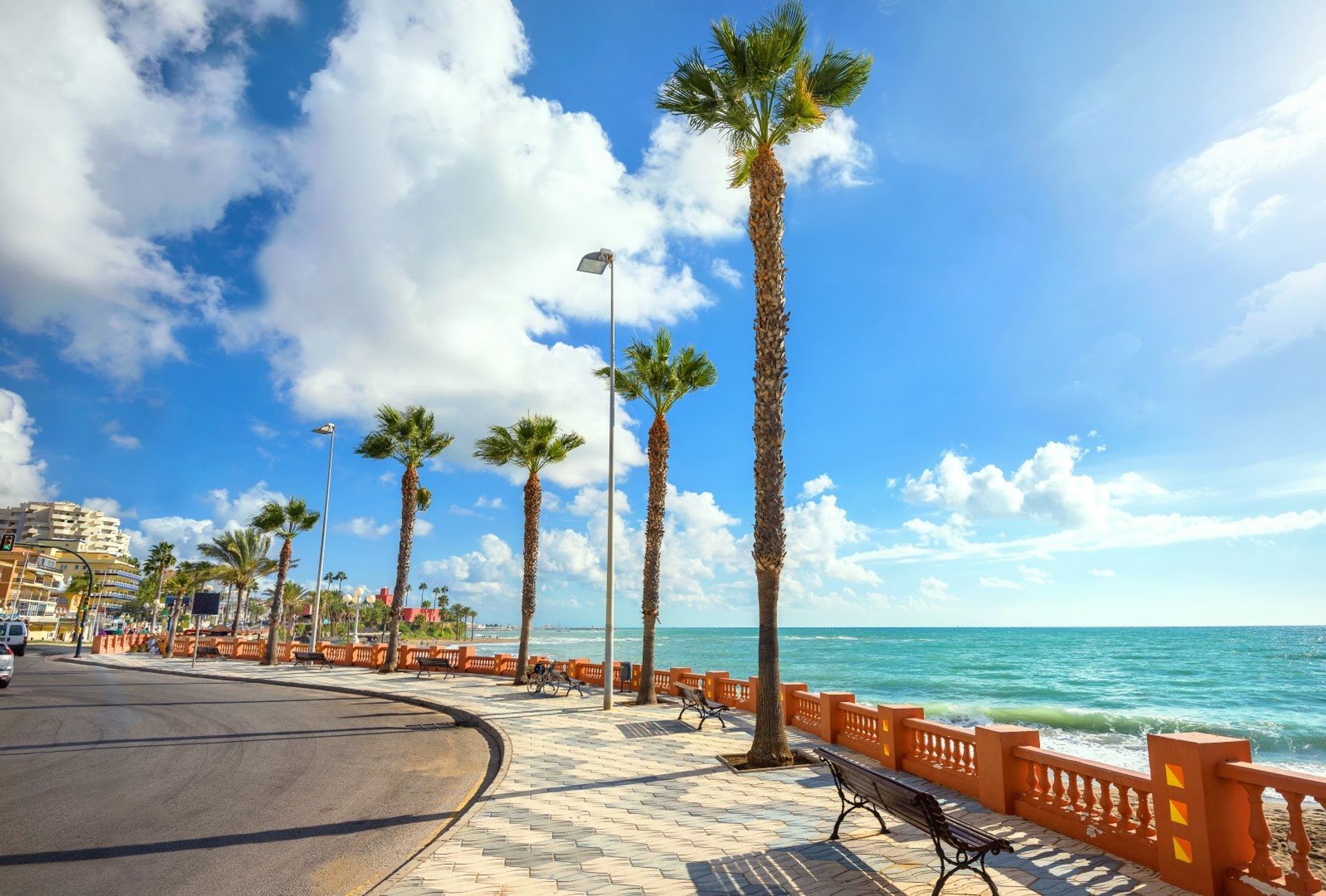 The palm-lined beach promenade of Benalmadena Costa
