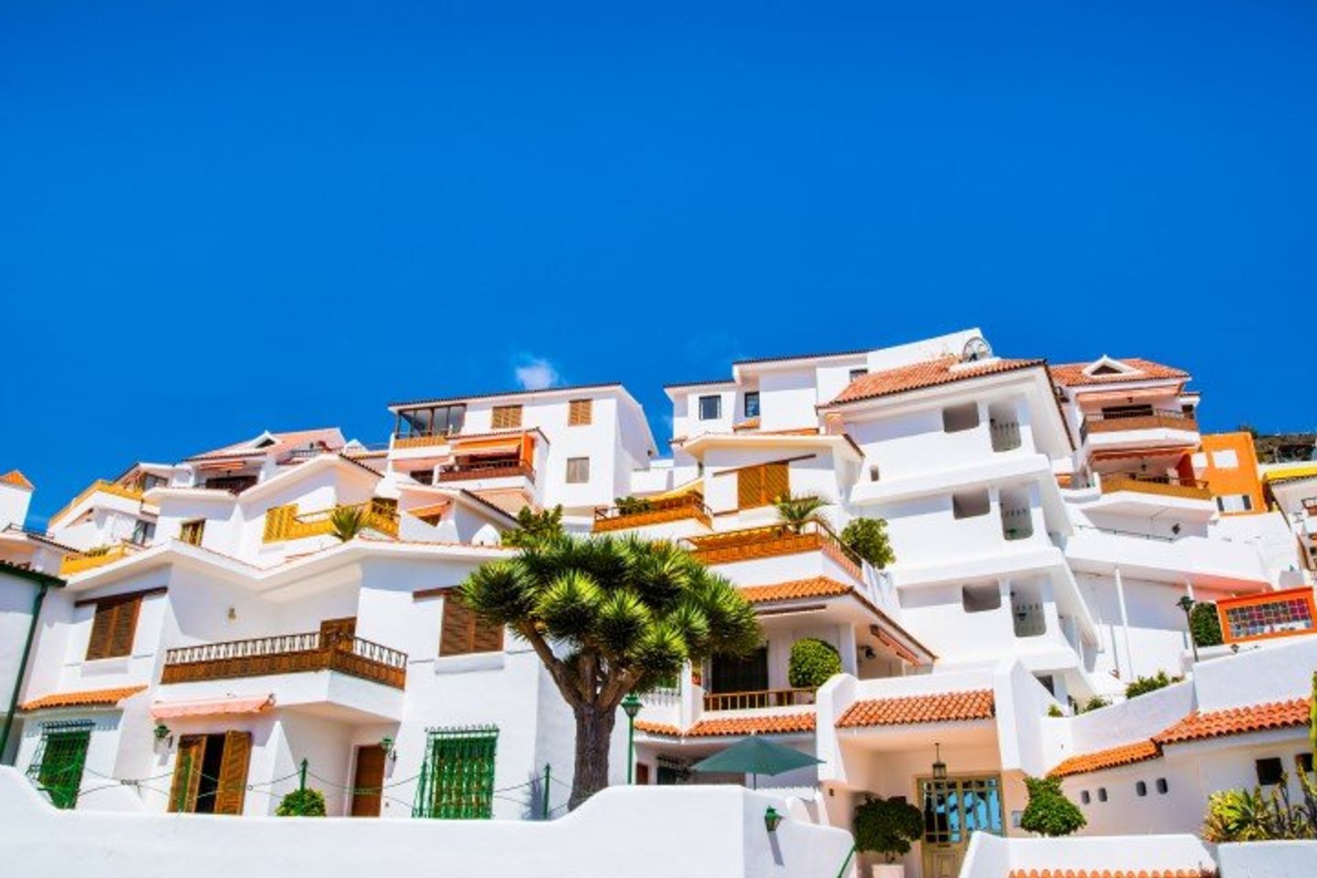 The typical Canarian whitewashed architecture of Los Cristianos, Costa Adeje and Las Americas