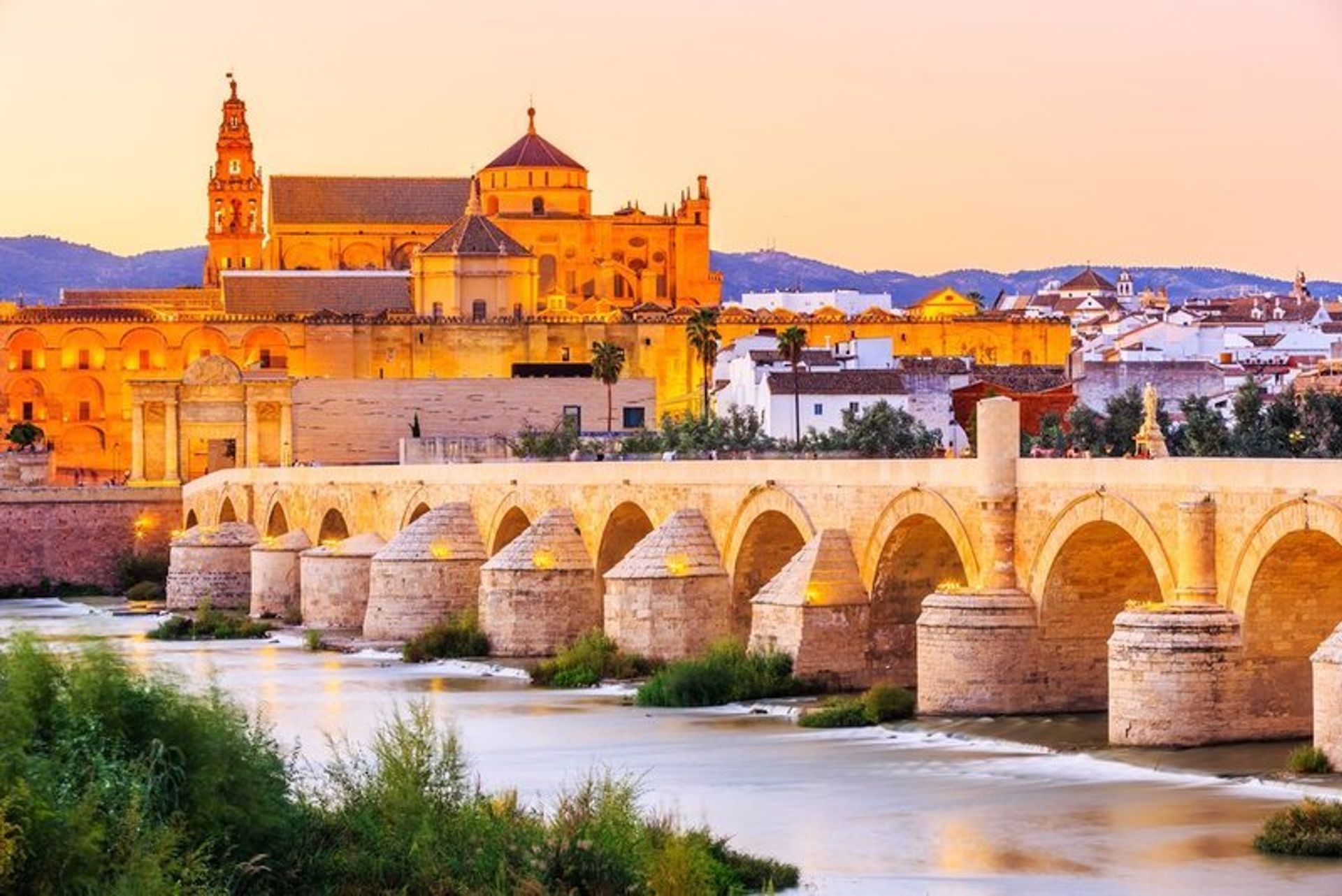 Roman bridge and the Mosque-Cathedral of Cordoba in Andalucia