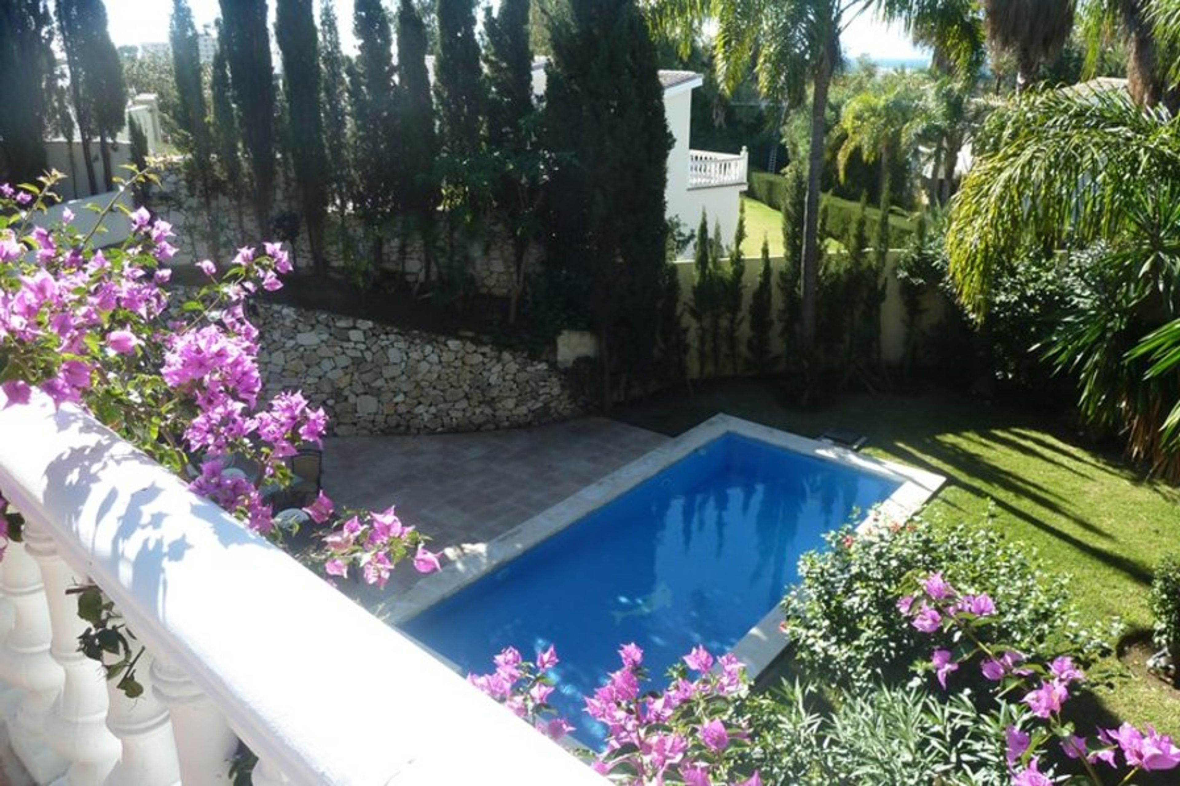 Swimming pool and rear gardens taken from main top floor terrace