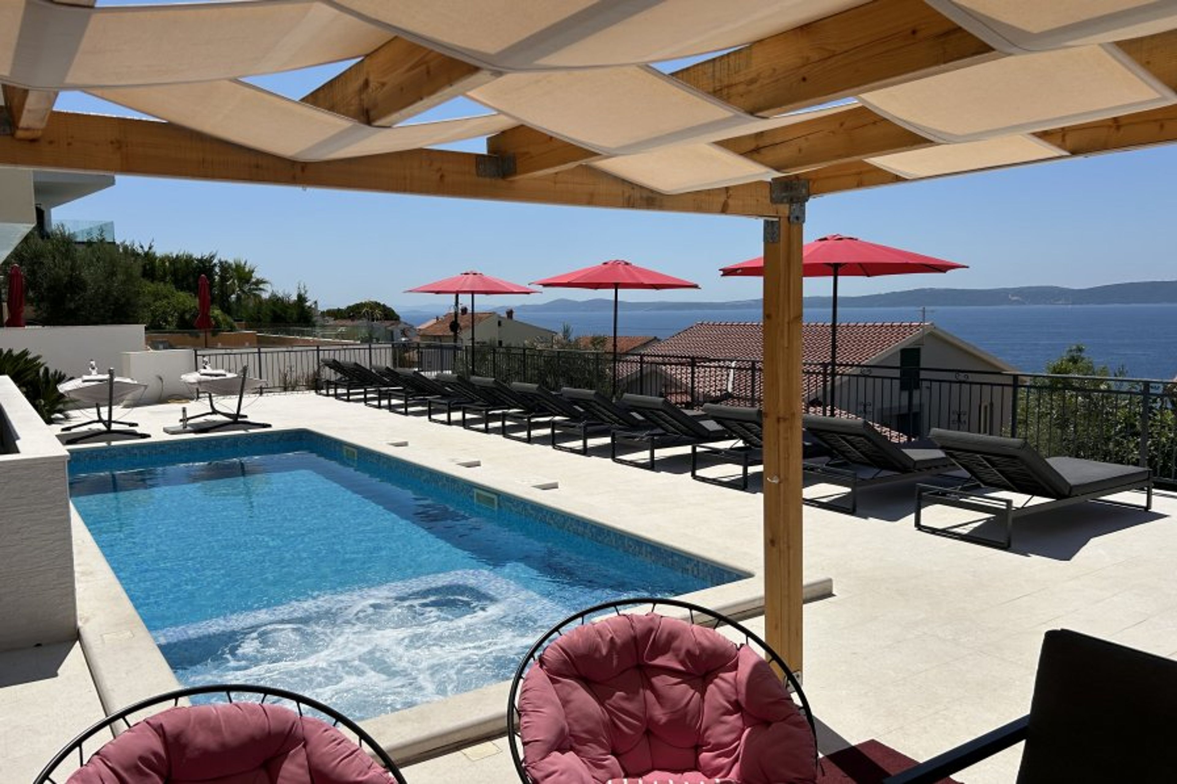 Heated swimming pool, sundeck, patio, sunbeds
