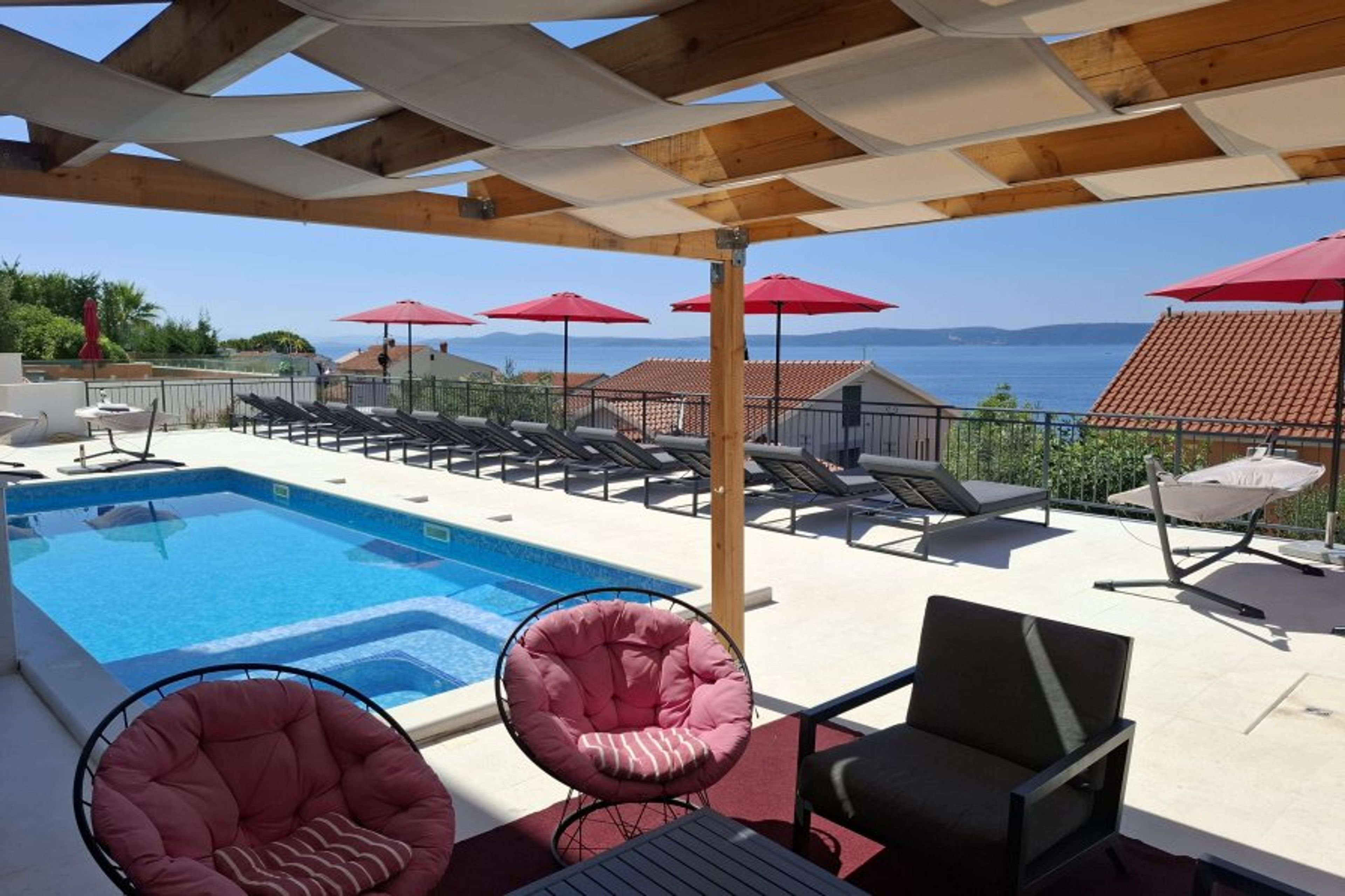 Heated swimming pool, sundeck, patio, sunbeds