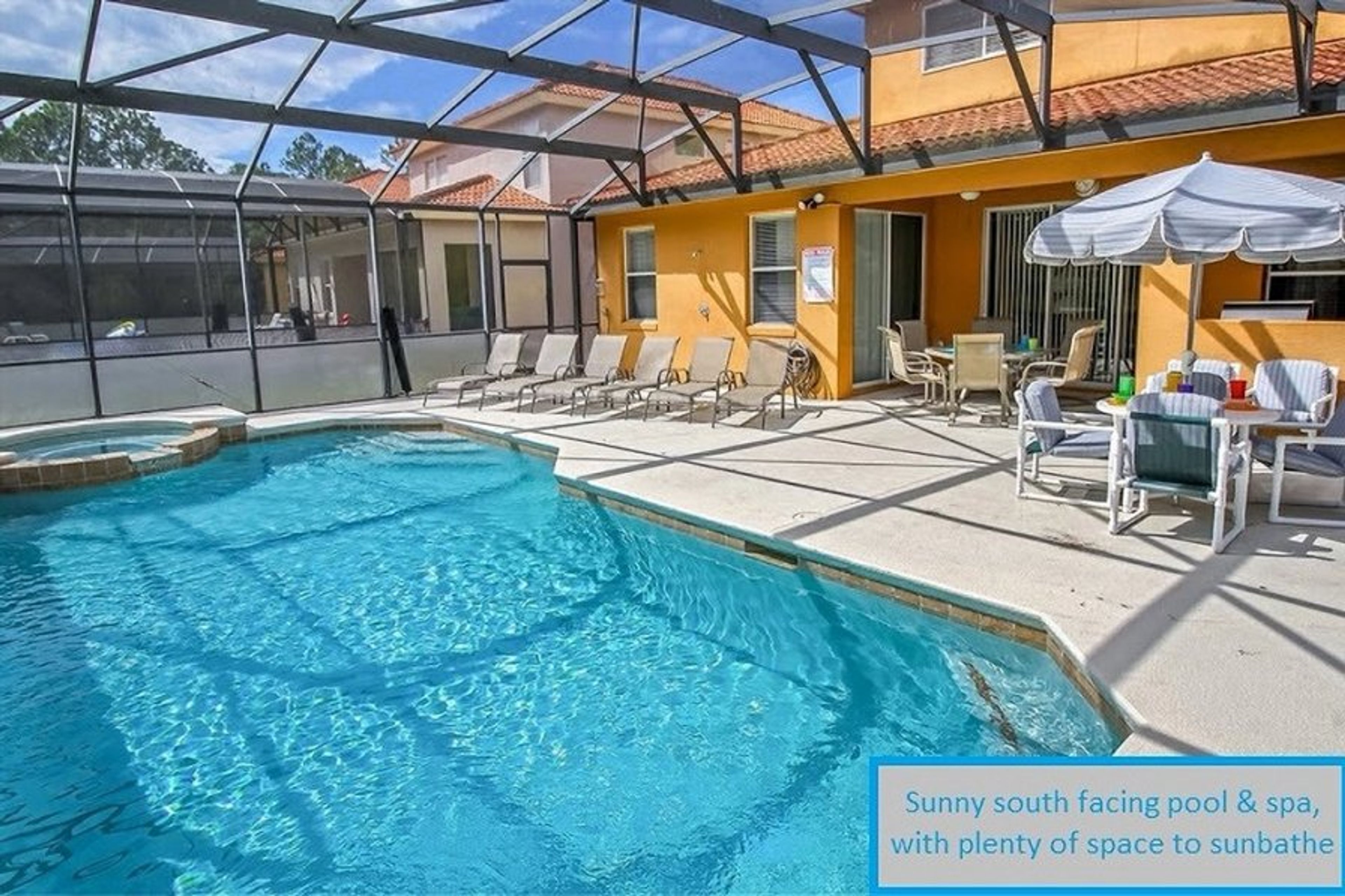 Sunny south facing pool & spa with spacious sunbathing area.