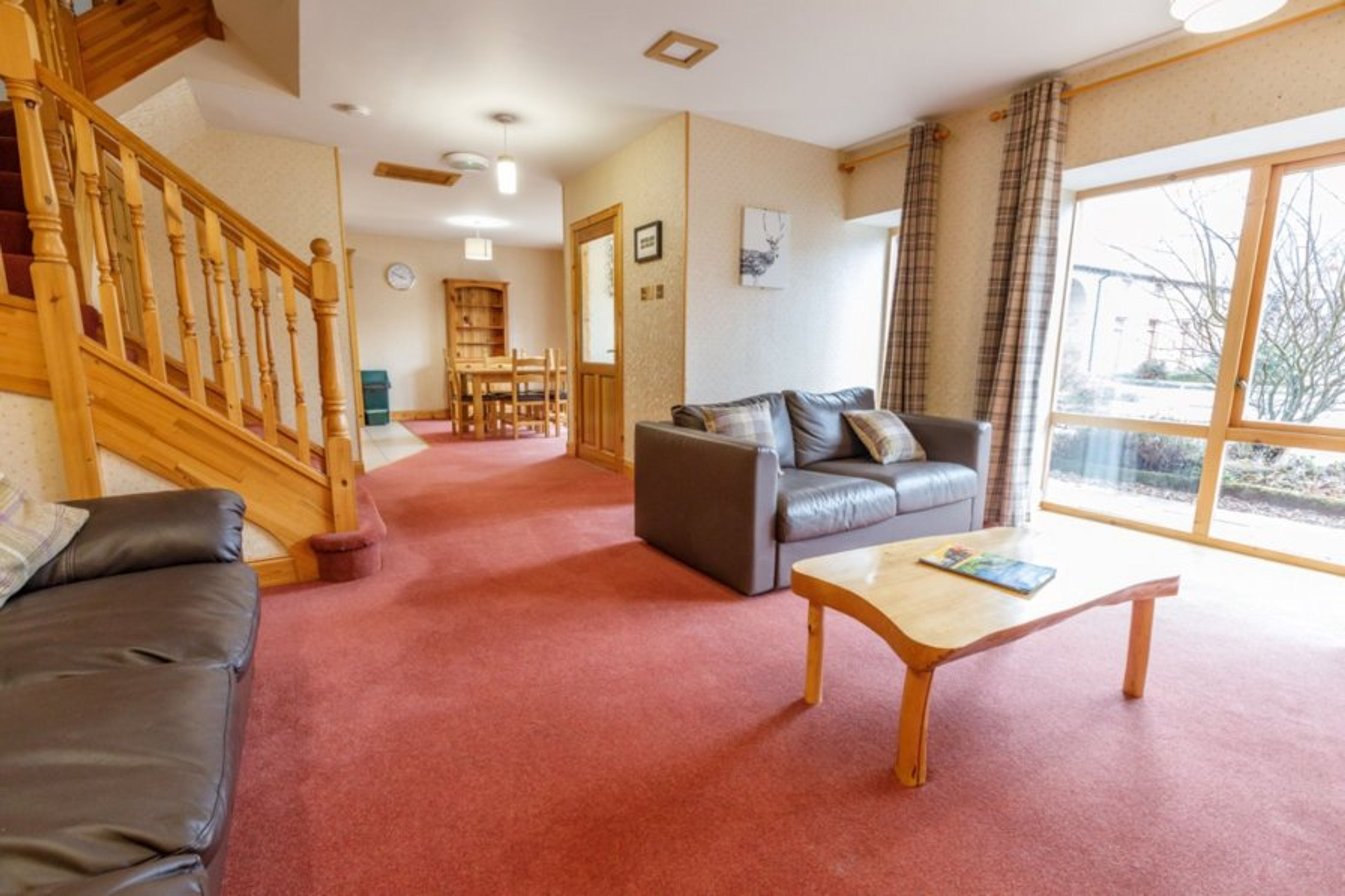 Carpetted living area with freeview TV, fireplace, sofas