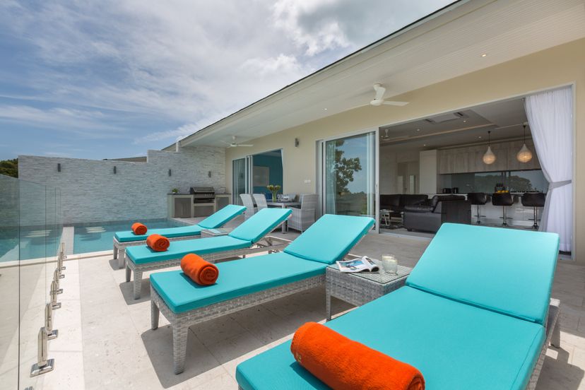 Villa in Plai Laem, Koh Samui: Pool terrace at Villa Ambience, a luxury 3 bedroom ocean view villa..