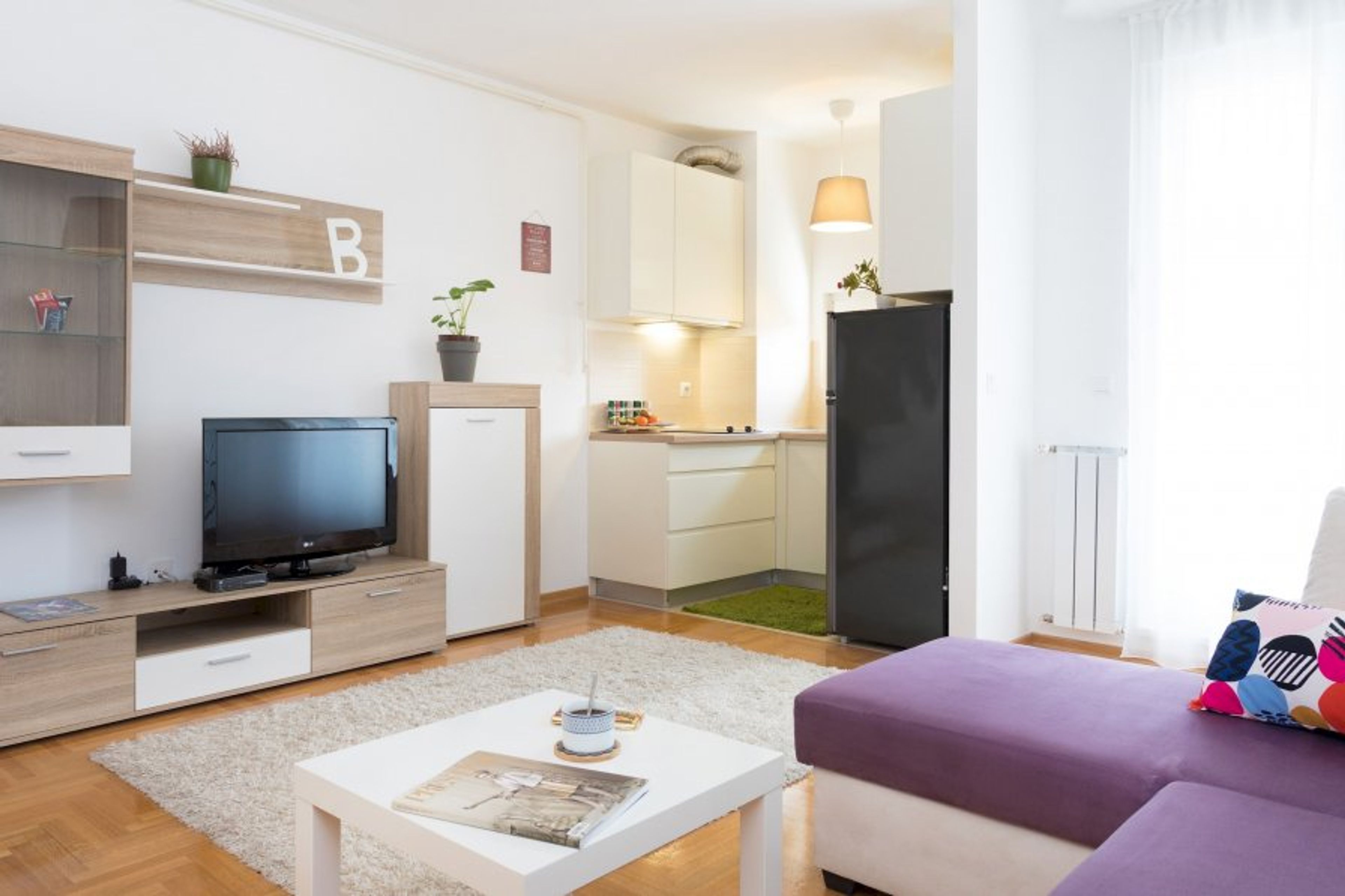 Living room area with a double sofa bed