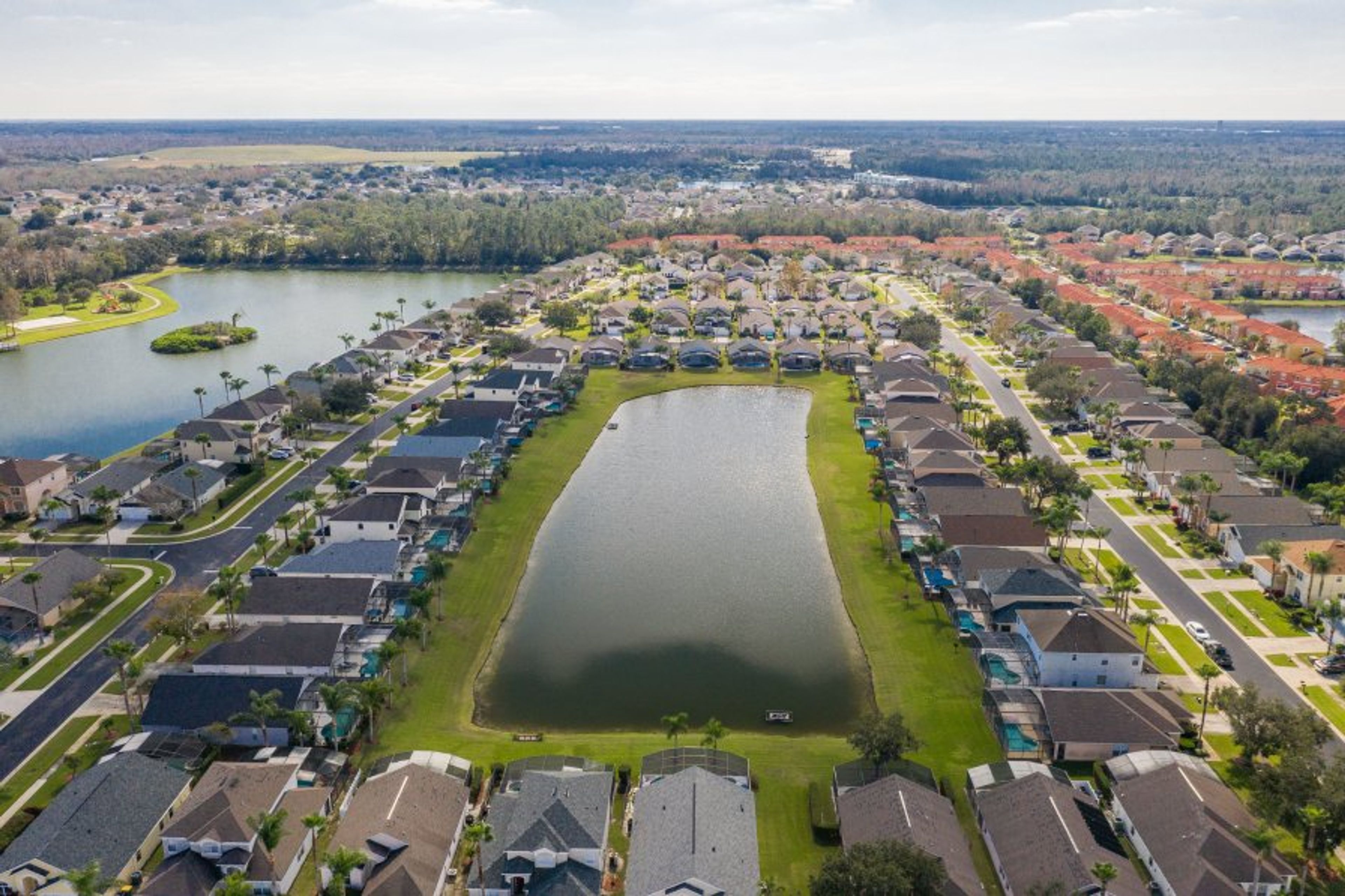 Aerial view of one of the lakes at Lake Berkley Resort