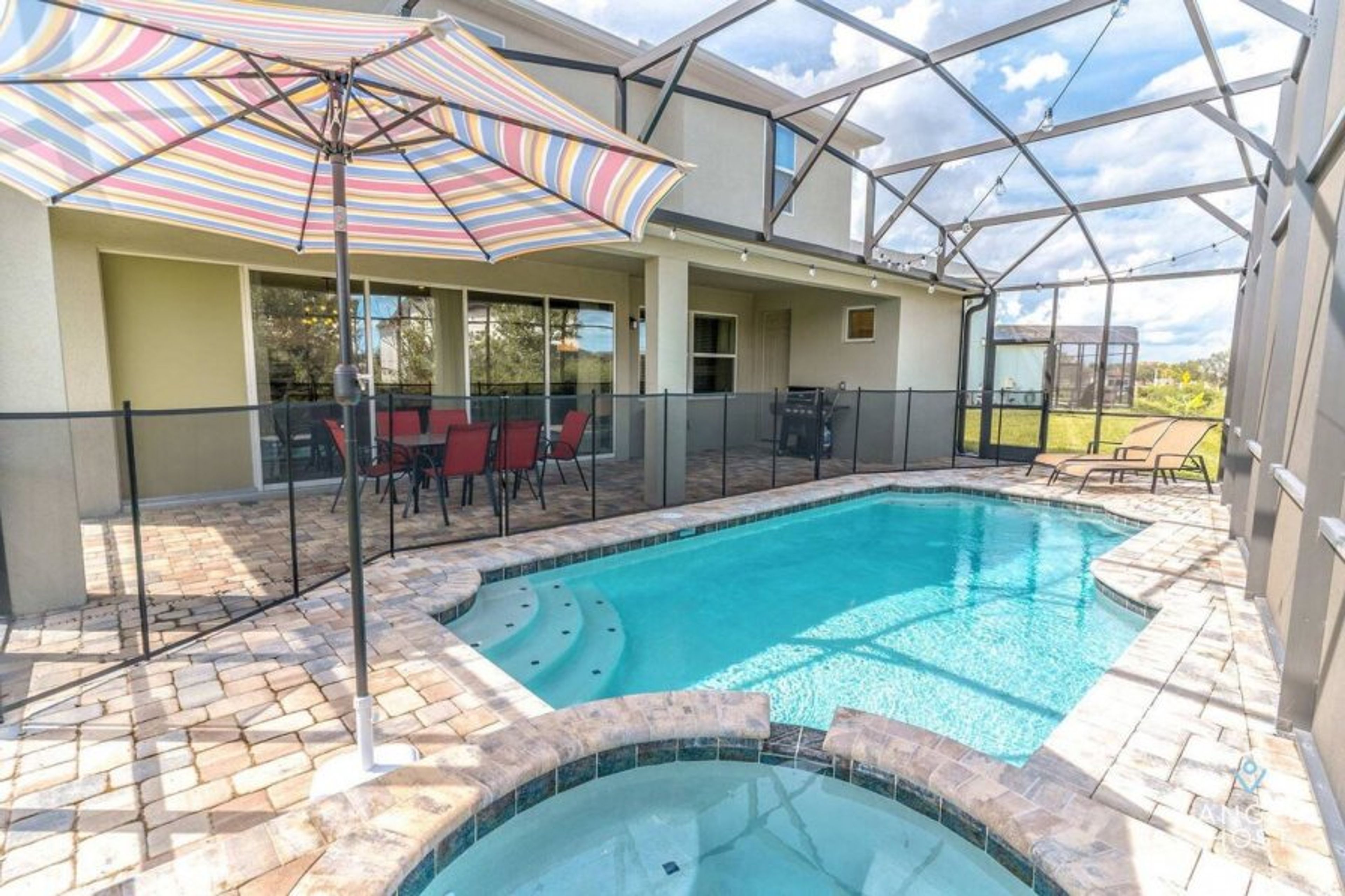 This outdoor enclosed private pool area is a great family fun-time spo