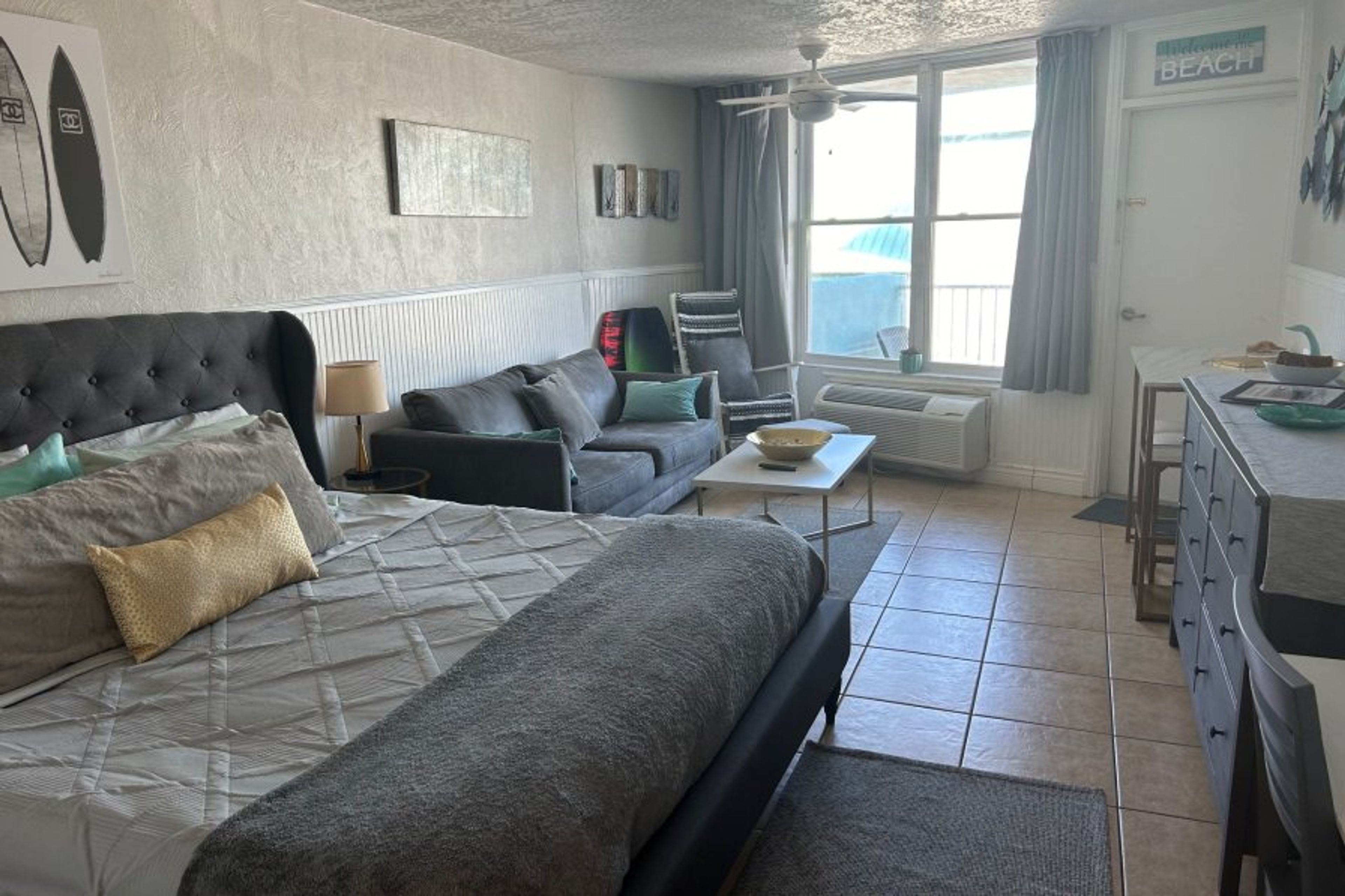 Large room with King bed and Queen sleeper sofa