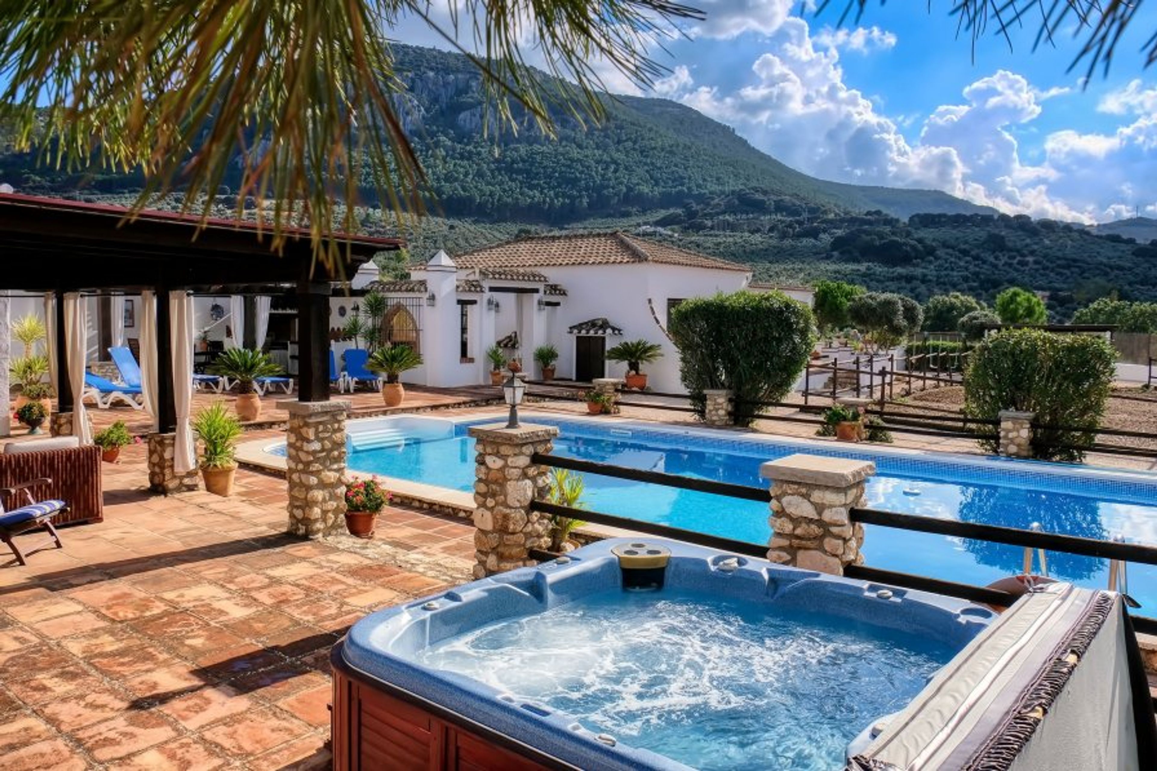 Heated jacuzzi, main pool and back drop of pine clad mountains.