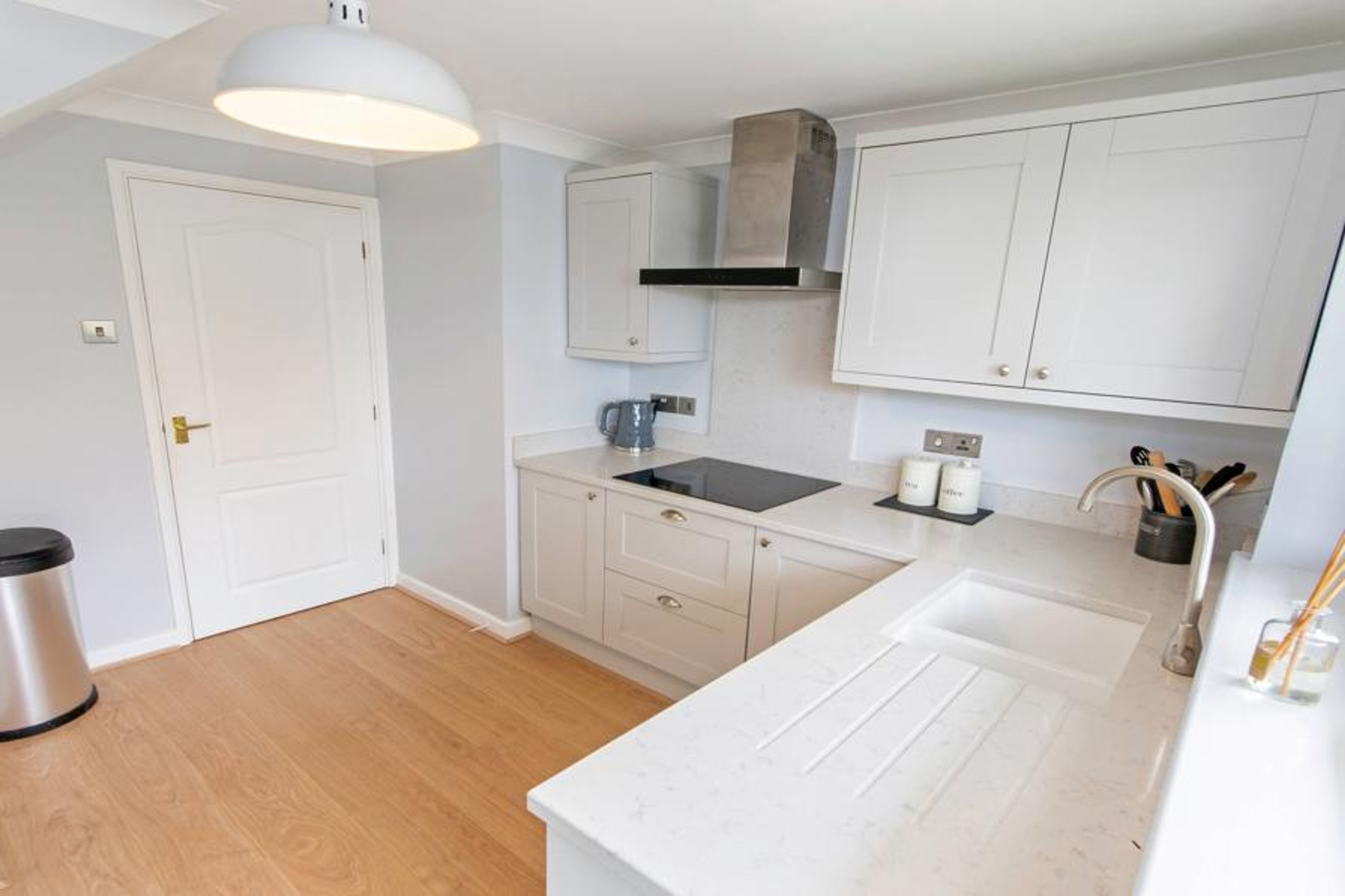 Oceanside kitchen with hob, oven, fridge freezer, dishwasher, washer dryer, toaster and kettle
