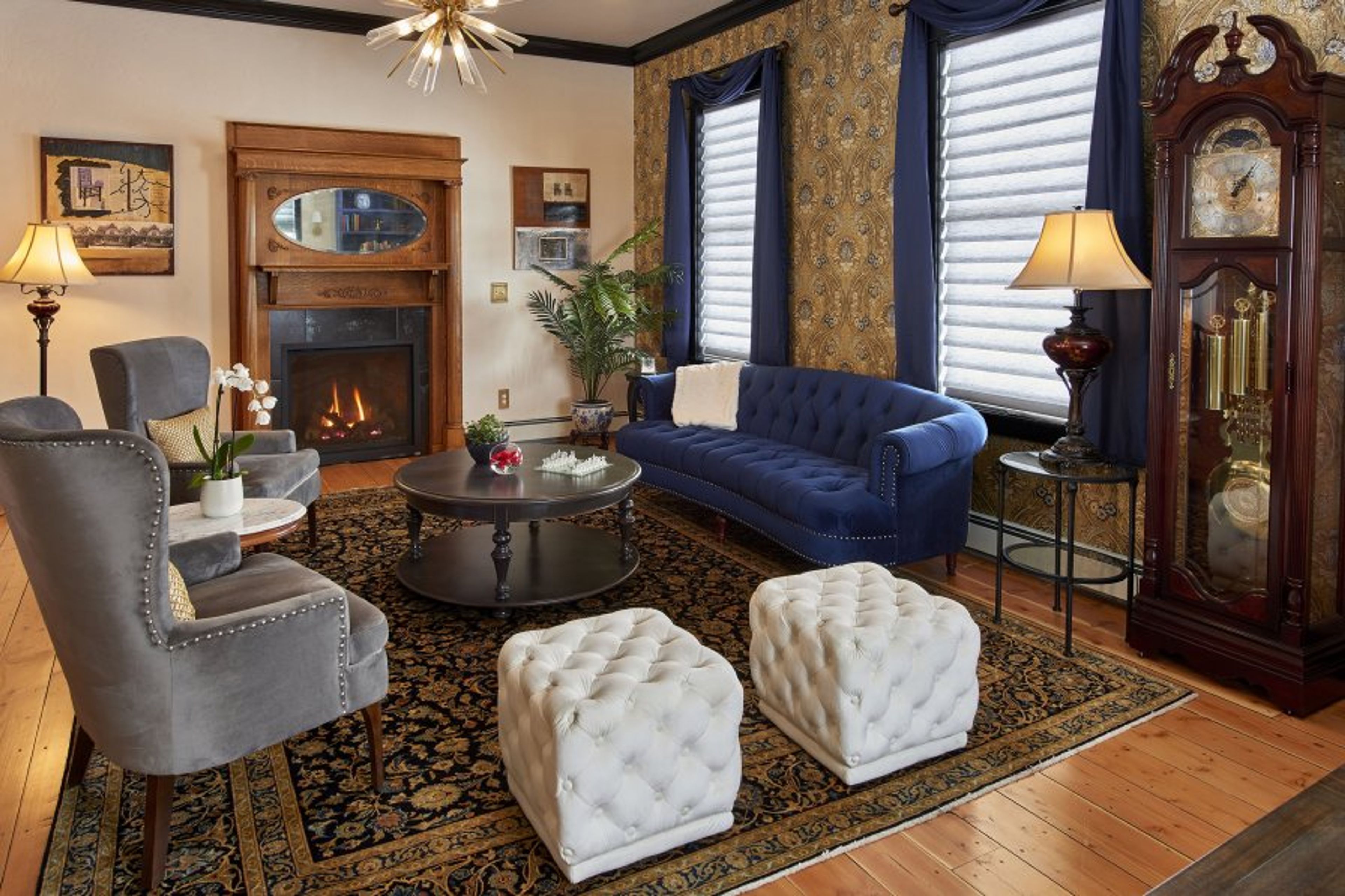 Gas fireplace in spacious living room.