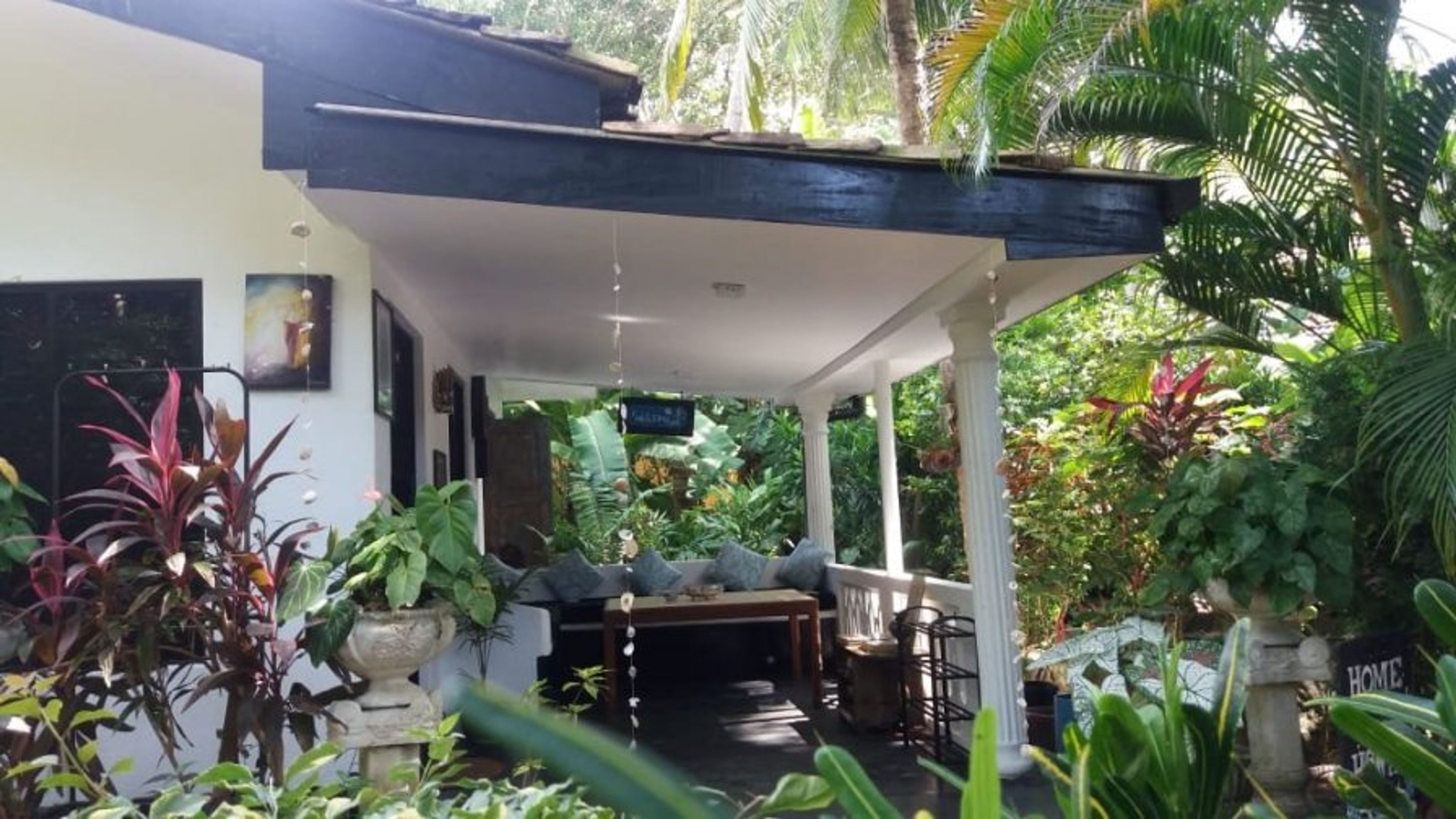 Veranda living surrounded by lush tropical plants