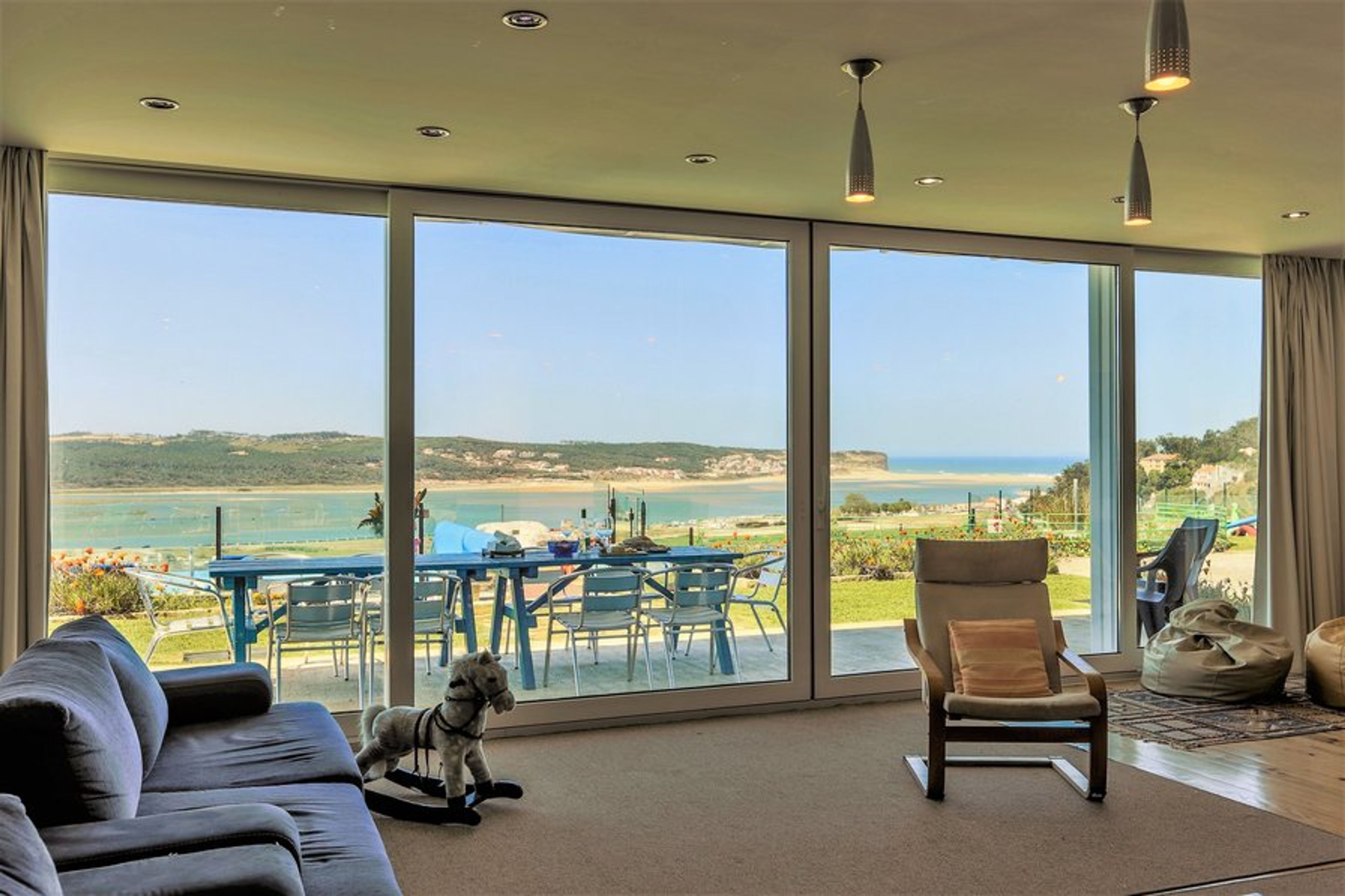 View from the living room, large french windows