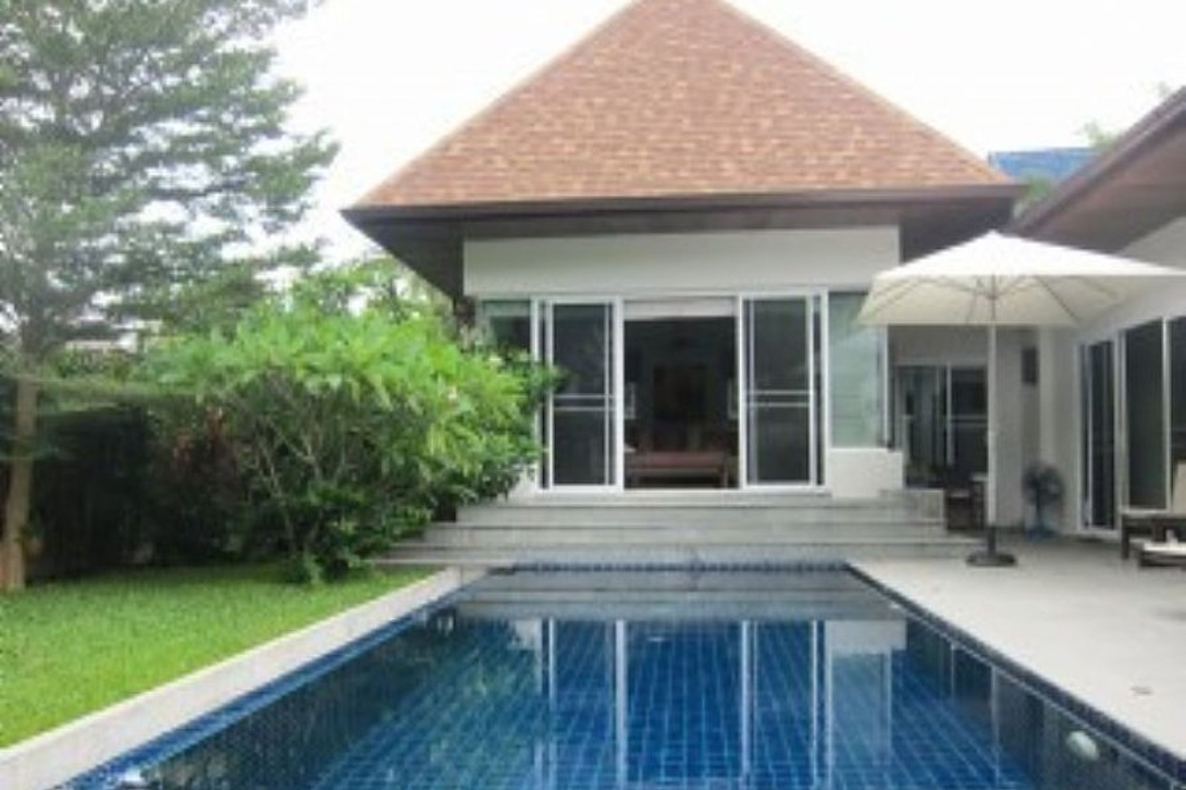 View of pool and living area