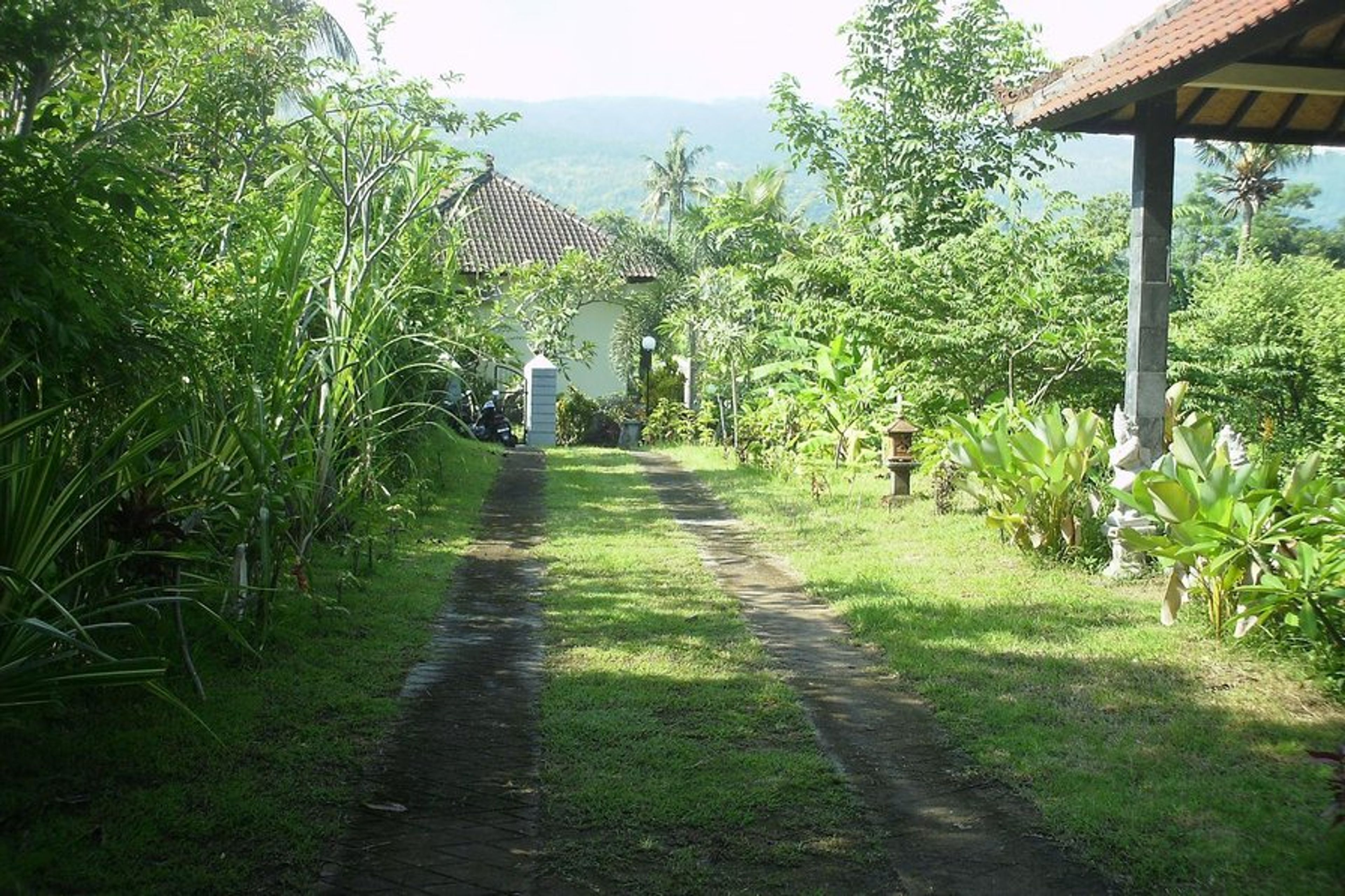 Driveway to the villa with at the righ the gazebo
